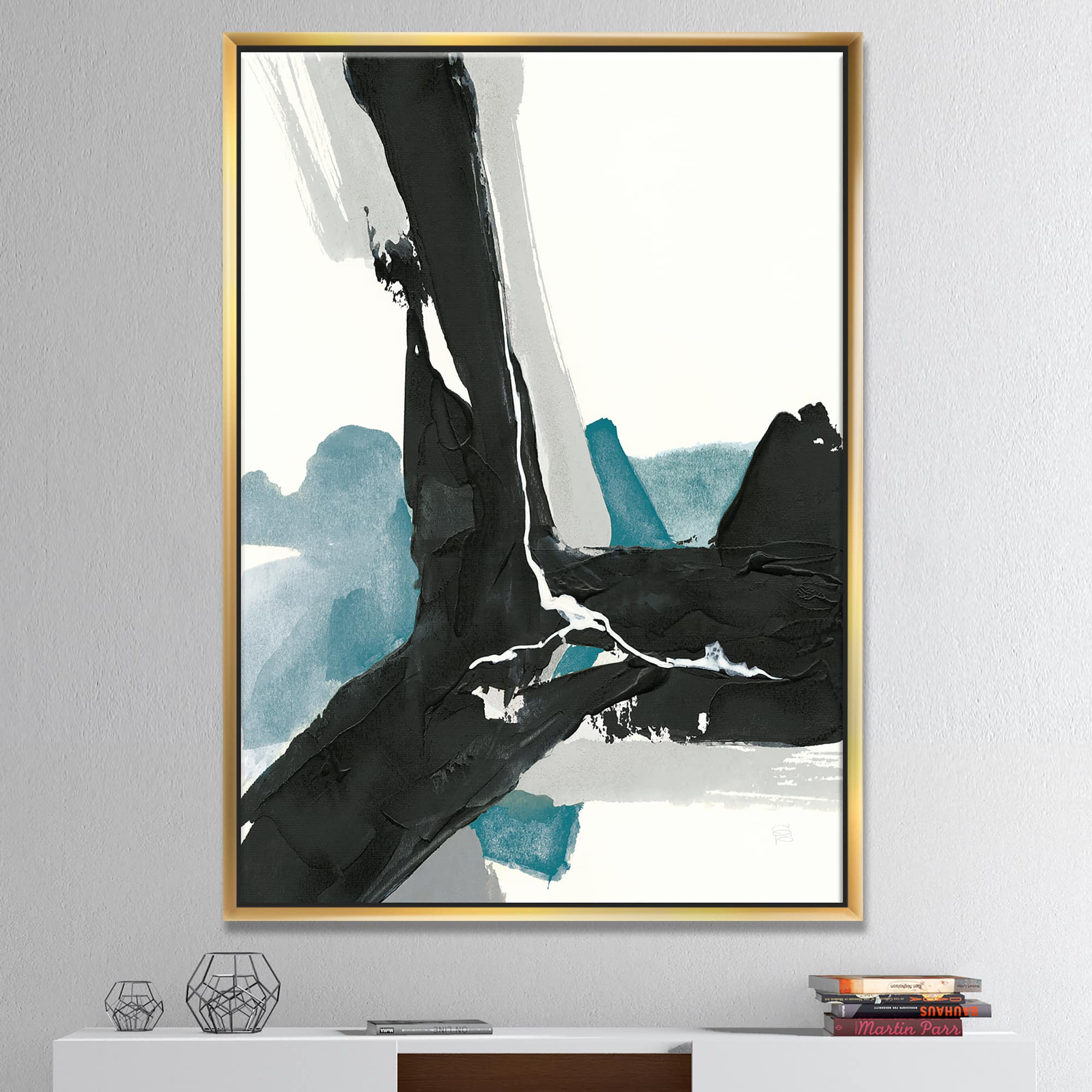 Designart - Geometric Black and Teal III - Modern & Contemporary Canvas in Gold Frame