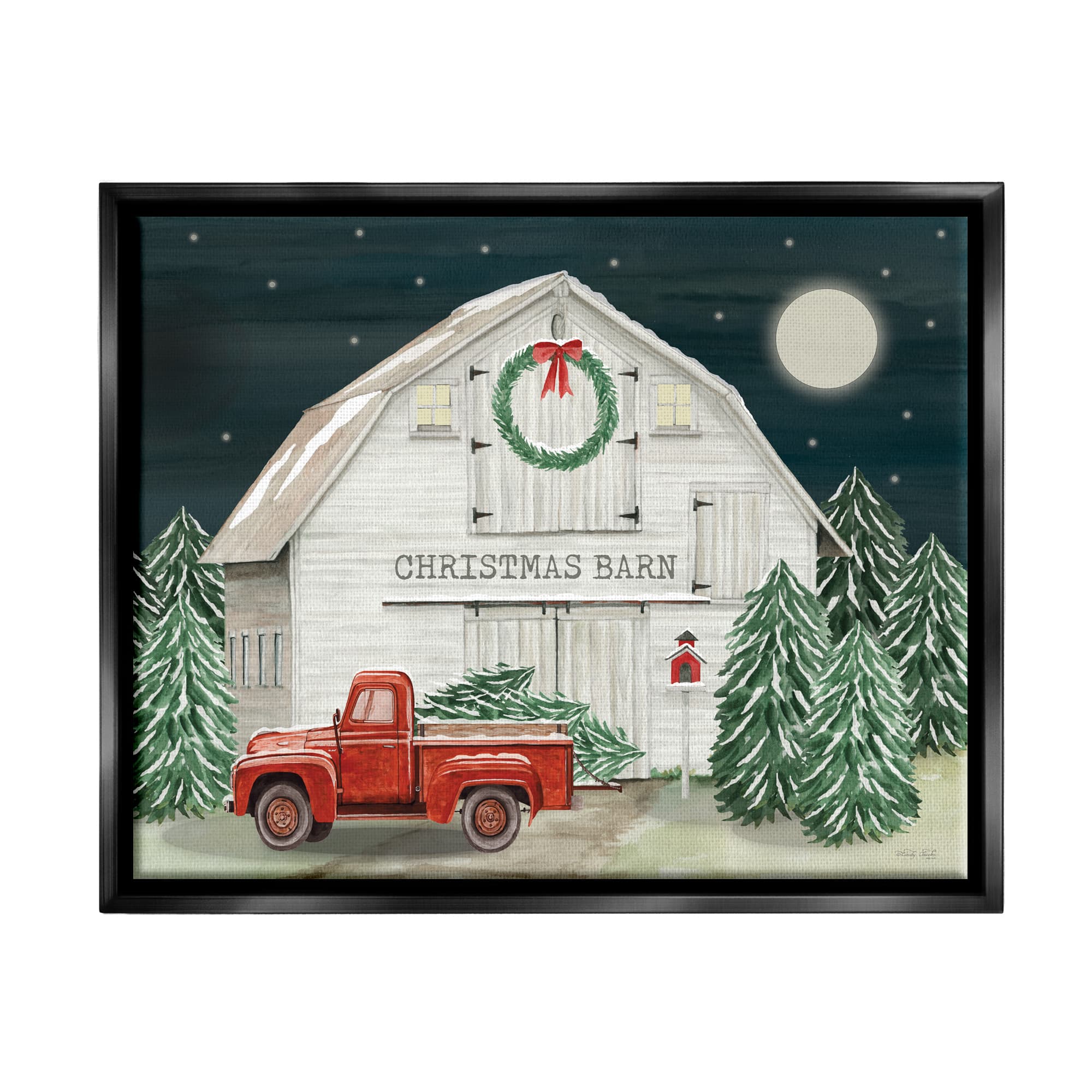 Stupell Industries Nighttime Christmas Barn Farm Framed Floater Canvas Wall Art