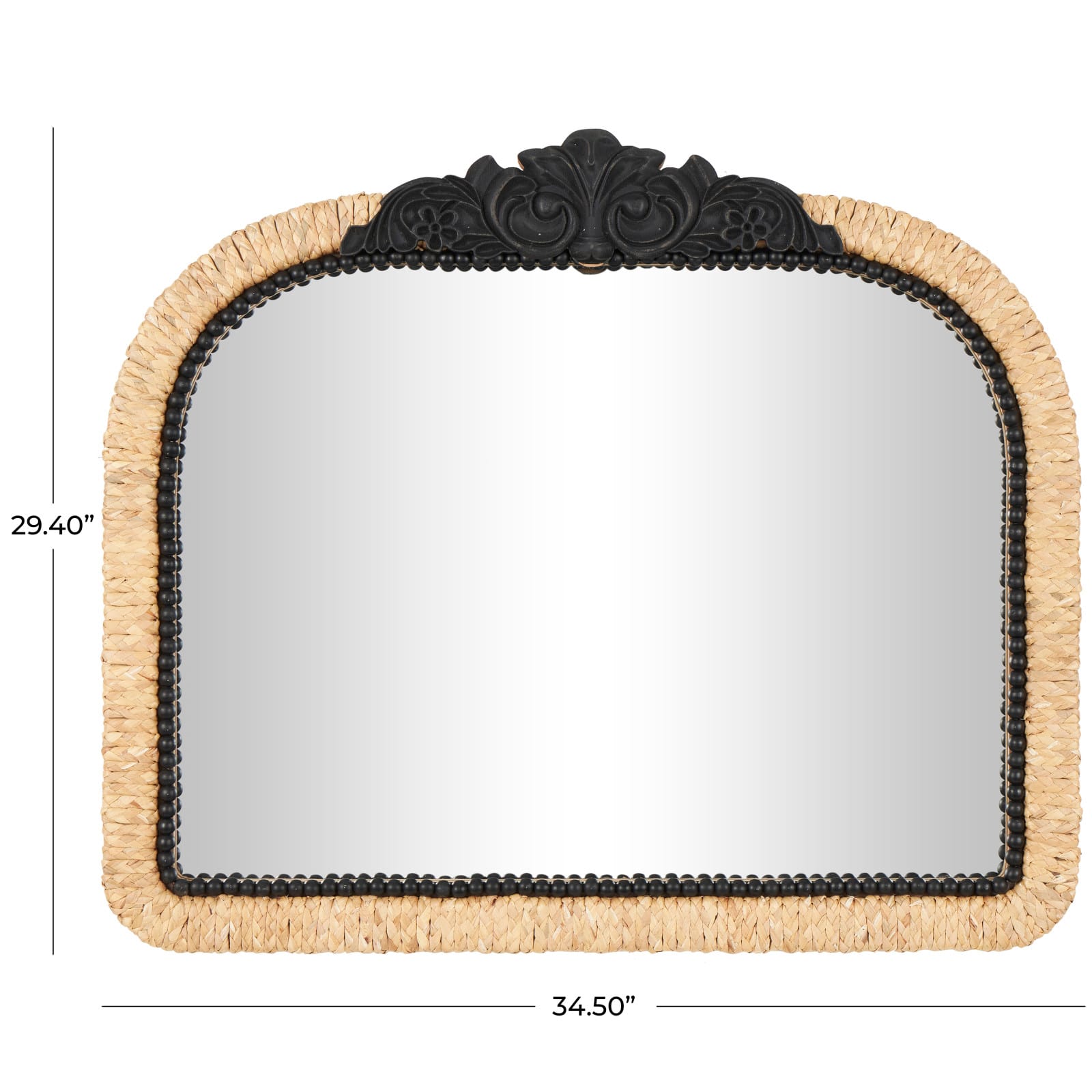 35" Brown & Black Woven Floral Rattan Wall Mirror with Beaded Detailing