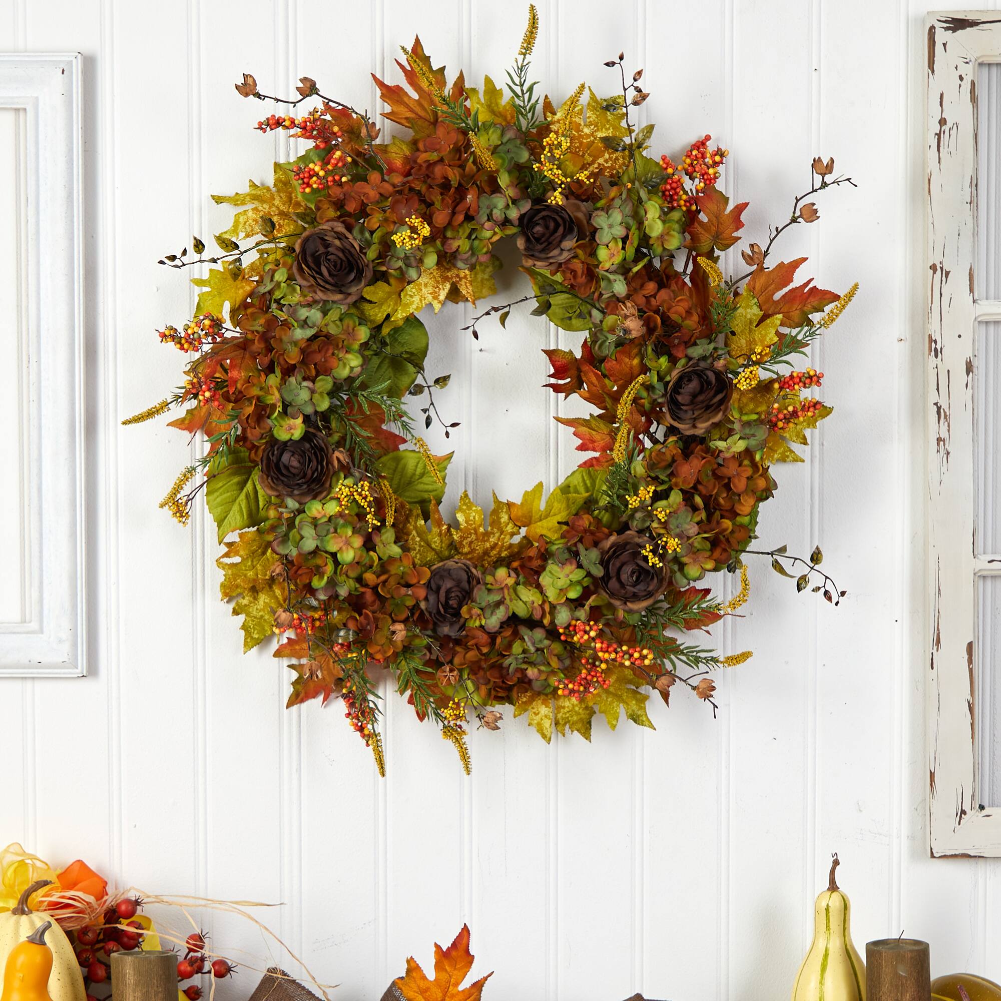 32" Hydrangea, Ranunculus & Maple Leaf Autumn Artificial Wreath