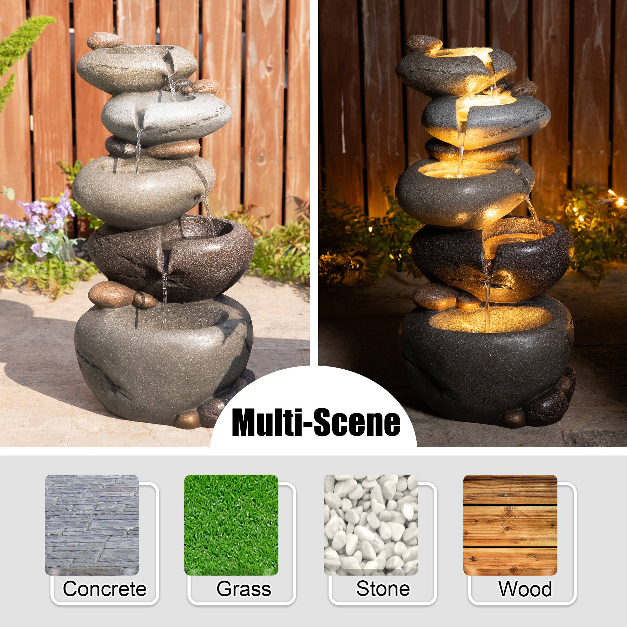 Glitzhome® 24.5" Zen-Style LED 5-Tier Stacked Pebbles Polyresin Outdoor Fountain