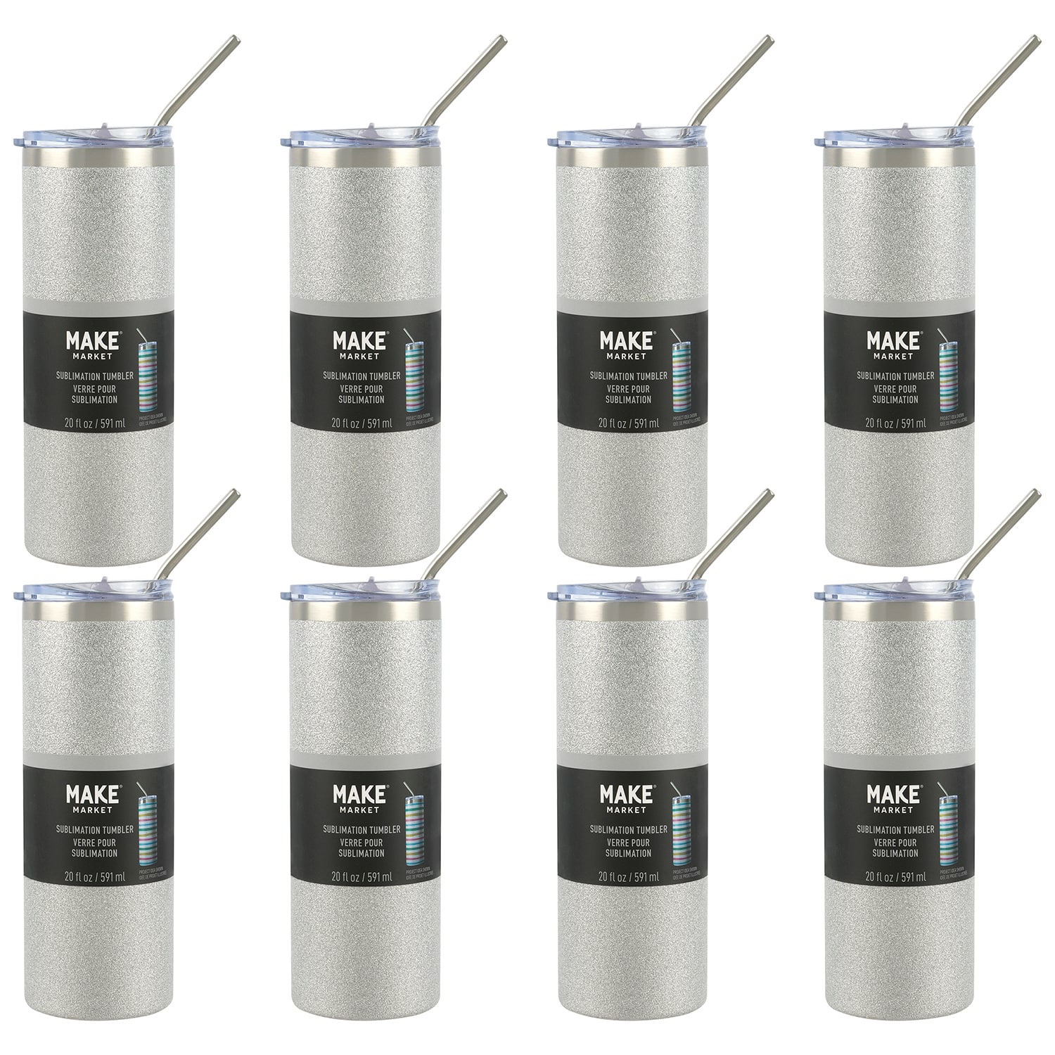 8 Pack: 20oz. Silver Glitter Stainless Steel Sublimation Tumbler by Make Market®