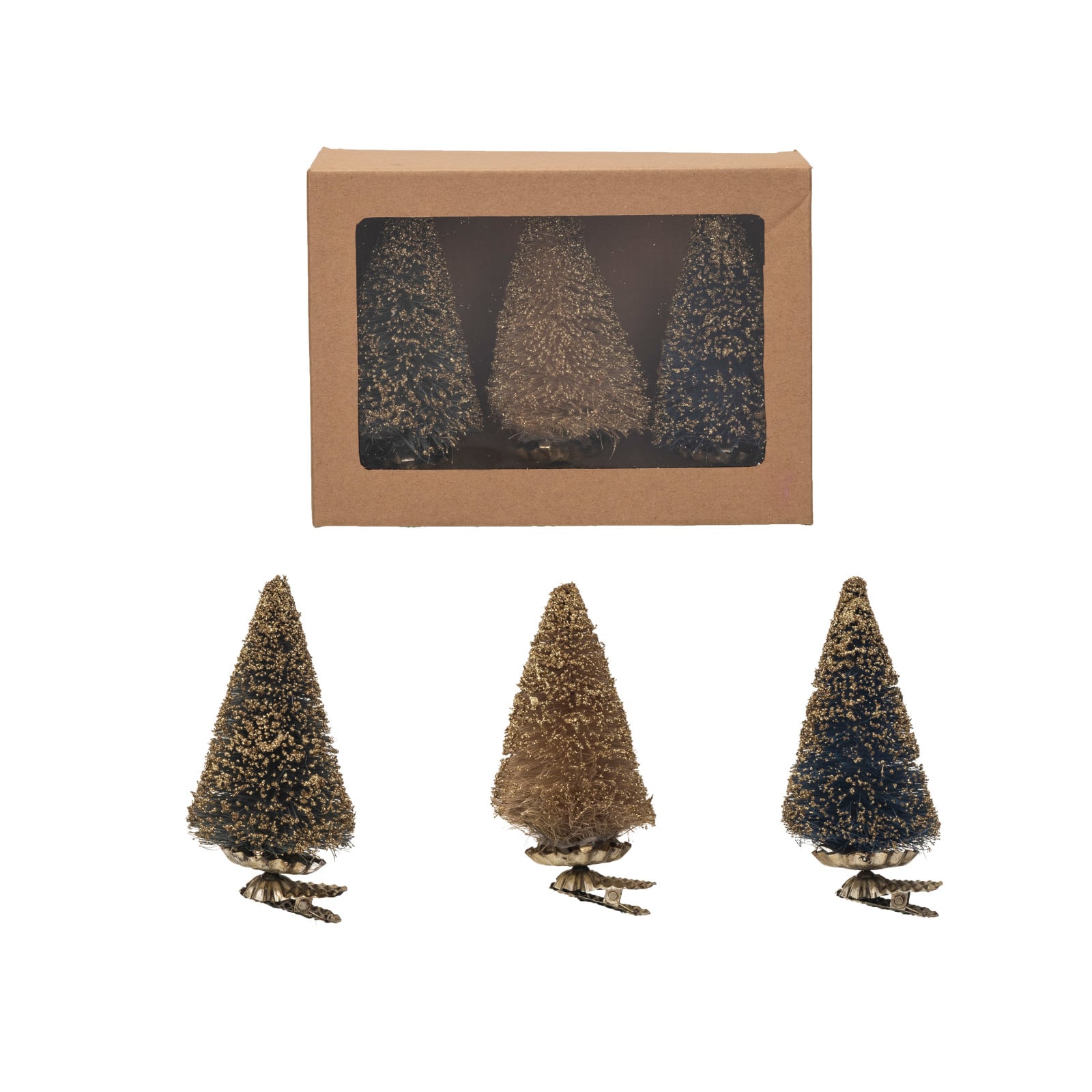 Hello Honey® 4.5" Green & Cream Color Round Sisal Bottle Brush Tree Clip-On Ornament with Glitter Set