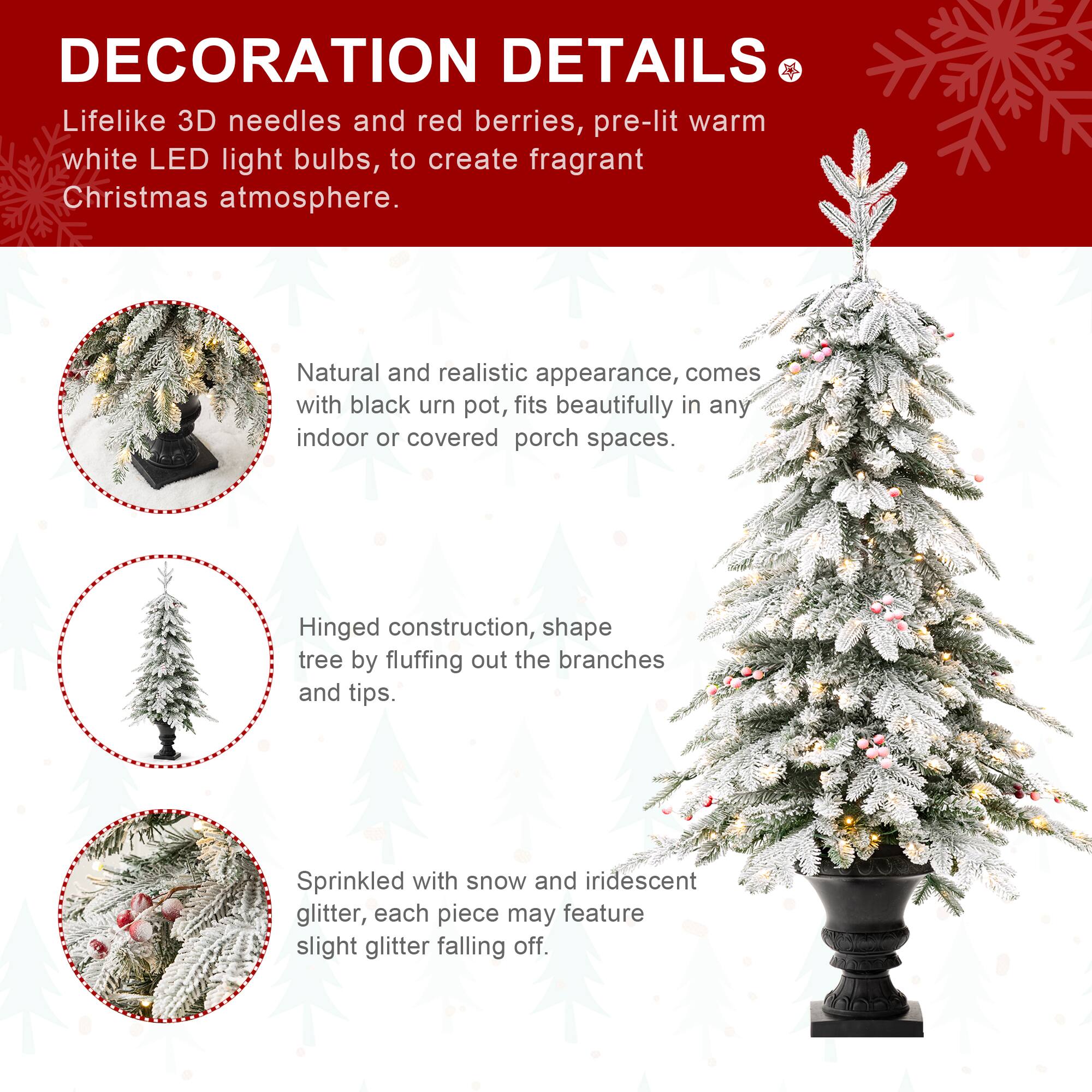 5ft. Pre-Lit Flocked Berry Fir Artificial Christmas Porch Tree in Urn, Warm White Lights