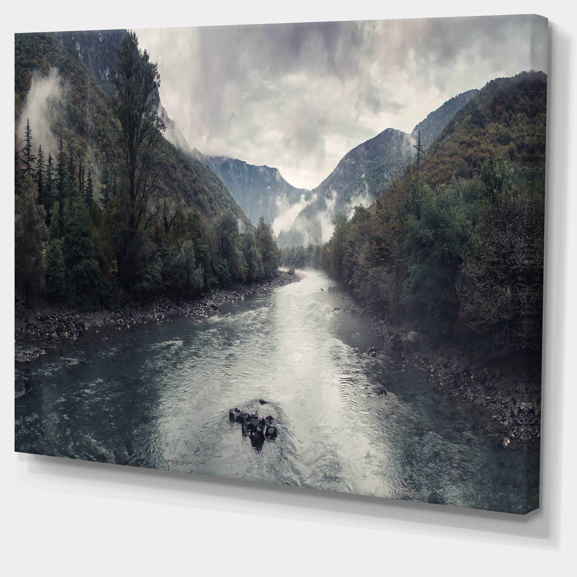 Designart - Mountain River with Fog and Rain