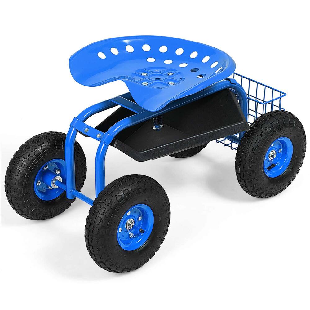 Costway Blue & Black Heavy Duty Garden Cart Rolling Work Seat Garden Planting with Tool Tray