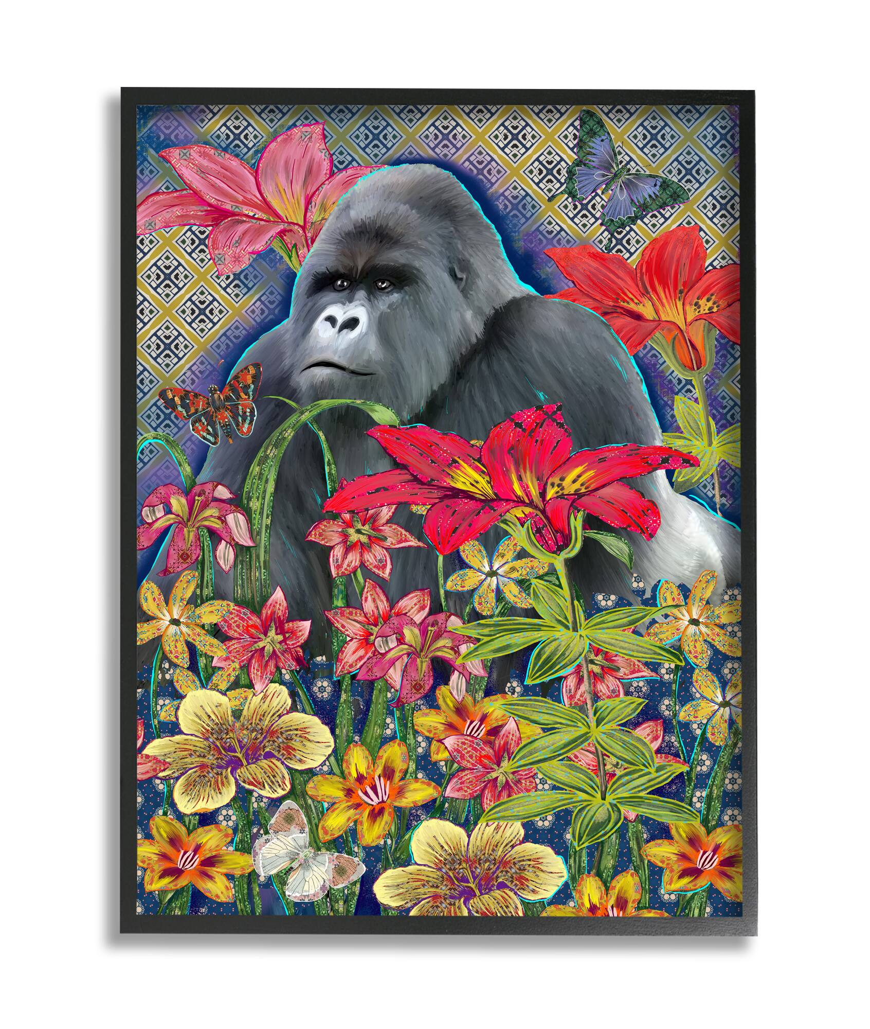 Stupell Industries Gorilla Standing Behind Tropical Florals Wall Art in Black Frame