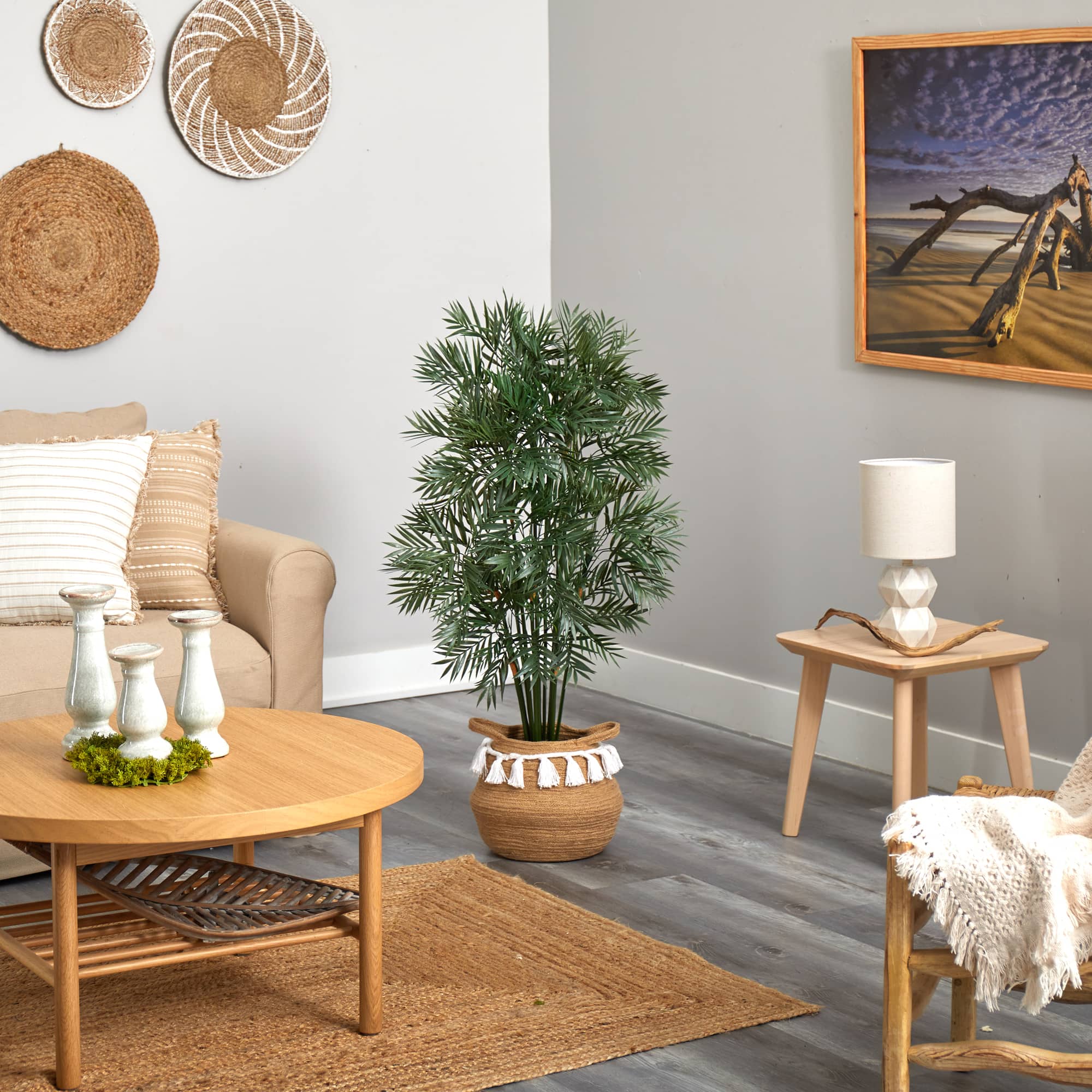 4ft. Parlor Palm Artificial Tree in Boho Chic Handmade Natural Cotton Woven Planter with Tassels