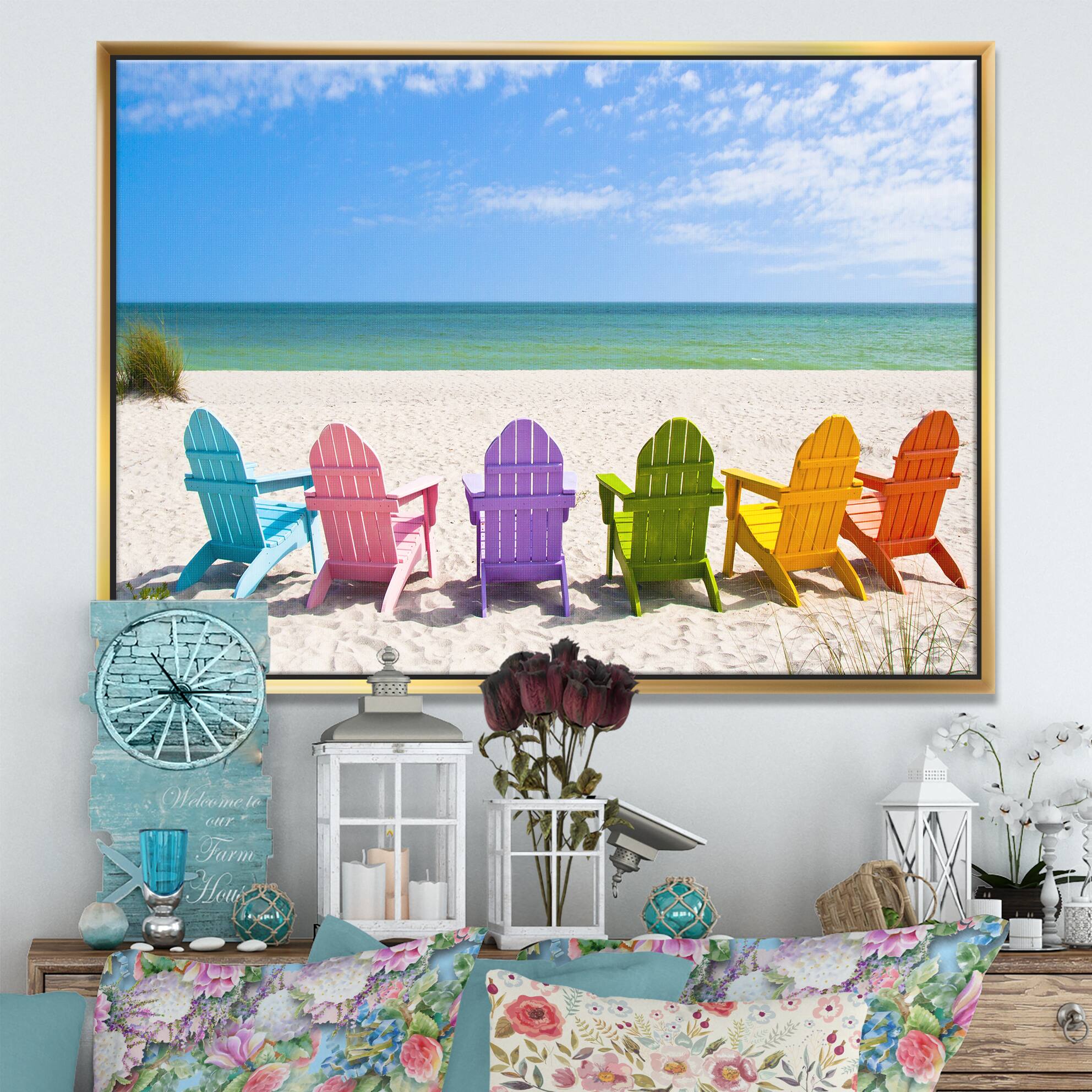 Designart - Adirondack Beach Chairs - Seashore Photo Framed Canvas Art Print
