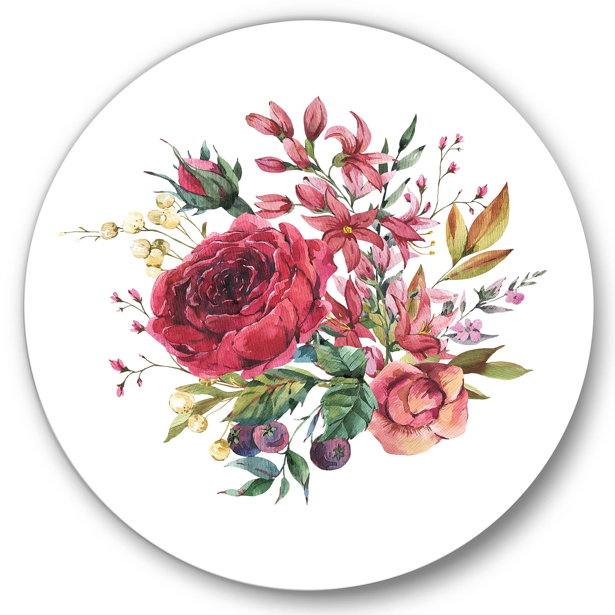 Designart - Vintage Burgundy Rose and Wildflowers - Farmhouse Metal Circle Wall Art