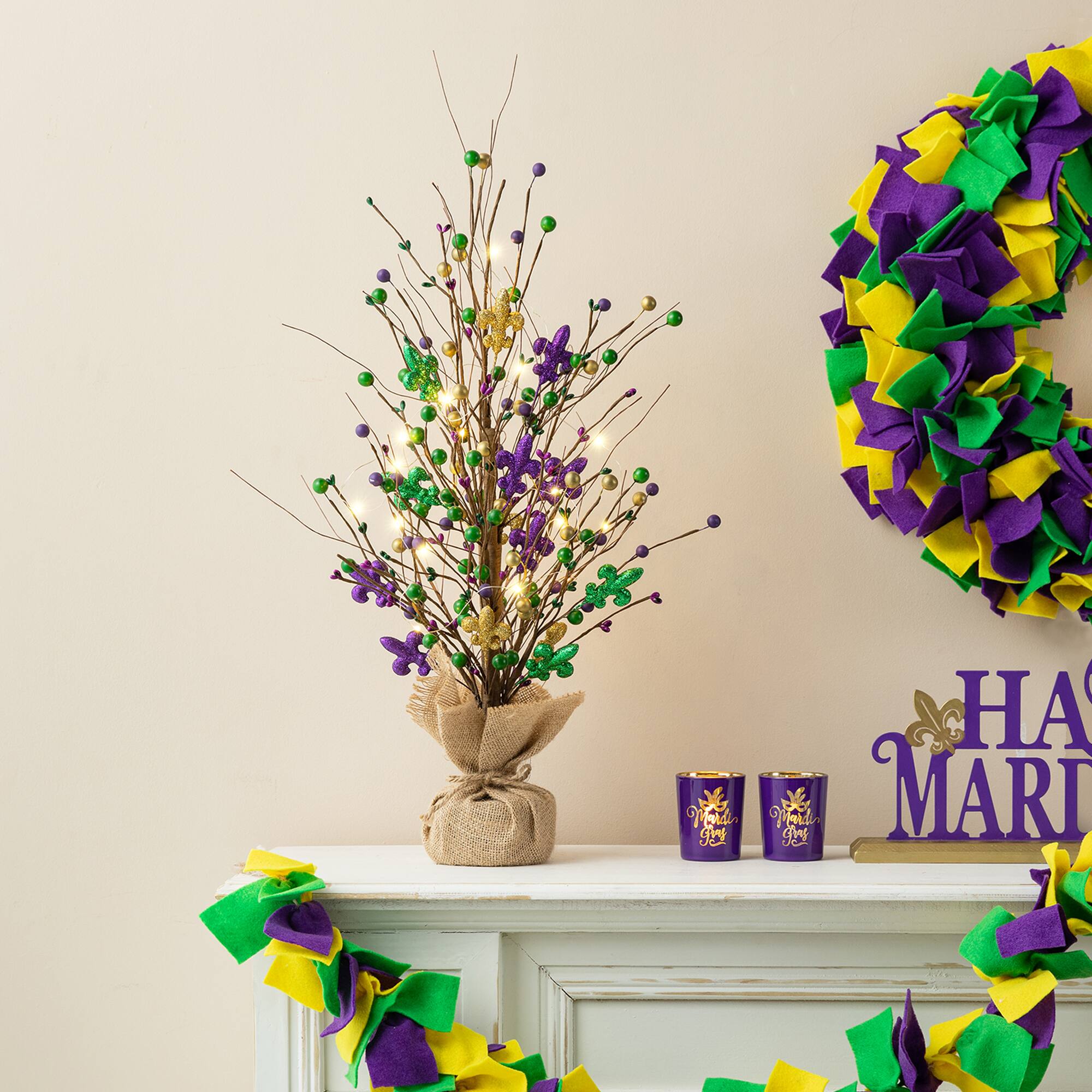 Glitzhome® 21" Lighted Mardi Gras Fleur-de-Lis & Berry Table Tree