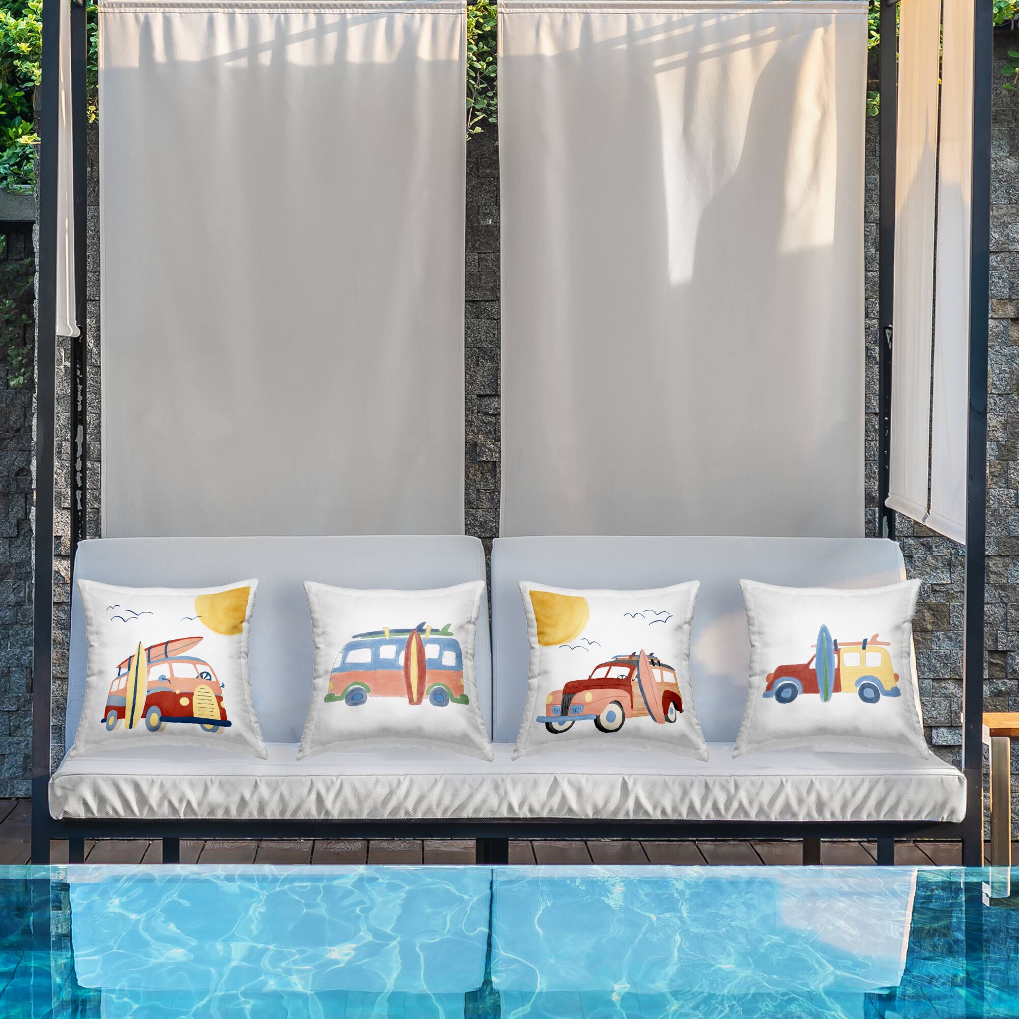 Stupell Industries 18" x 18" Print Beach Surf Vehicles Outdoor Throw Pillows, 4ct.