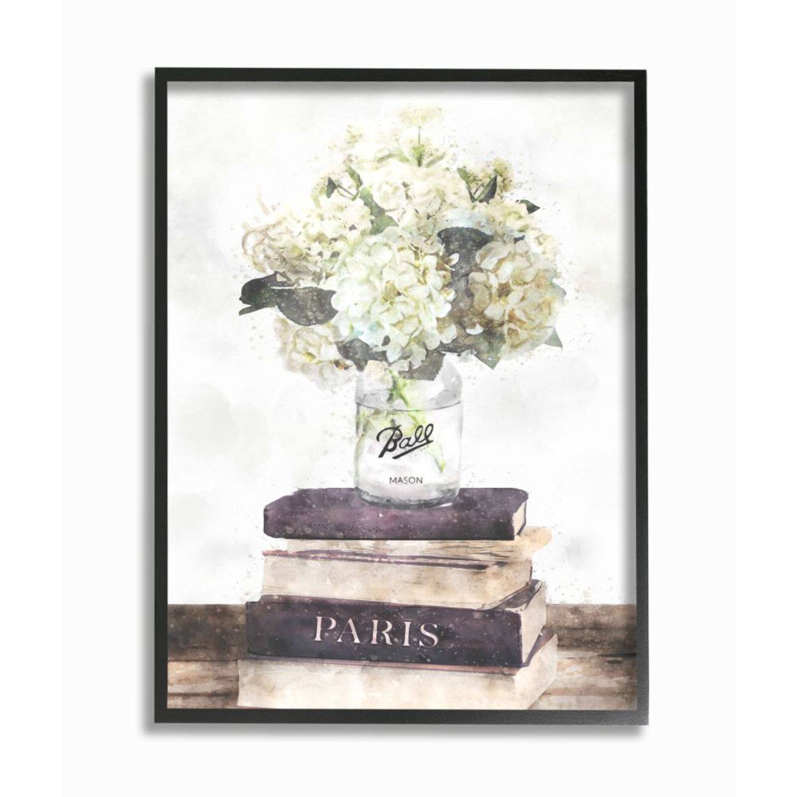 Stupell Industries White Florals on Parisian Bookstack with Black Frame Wall Accent