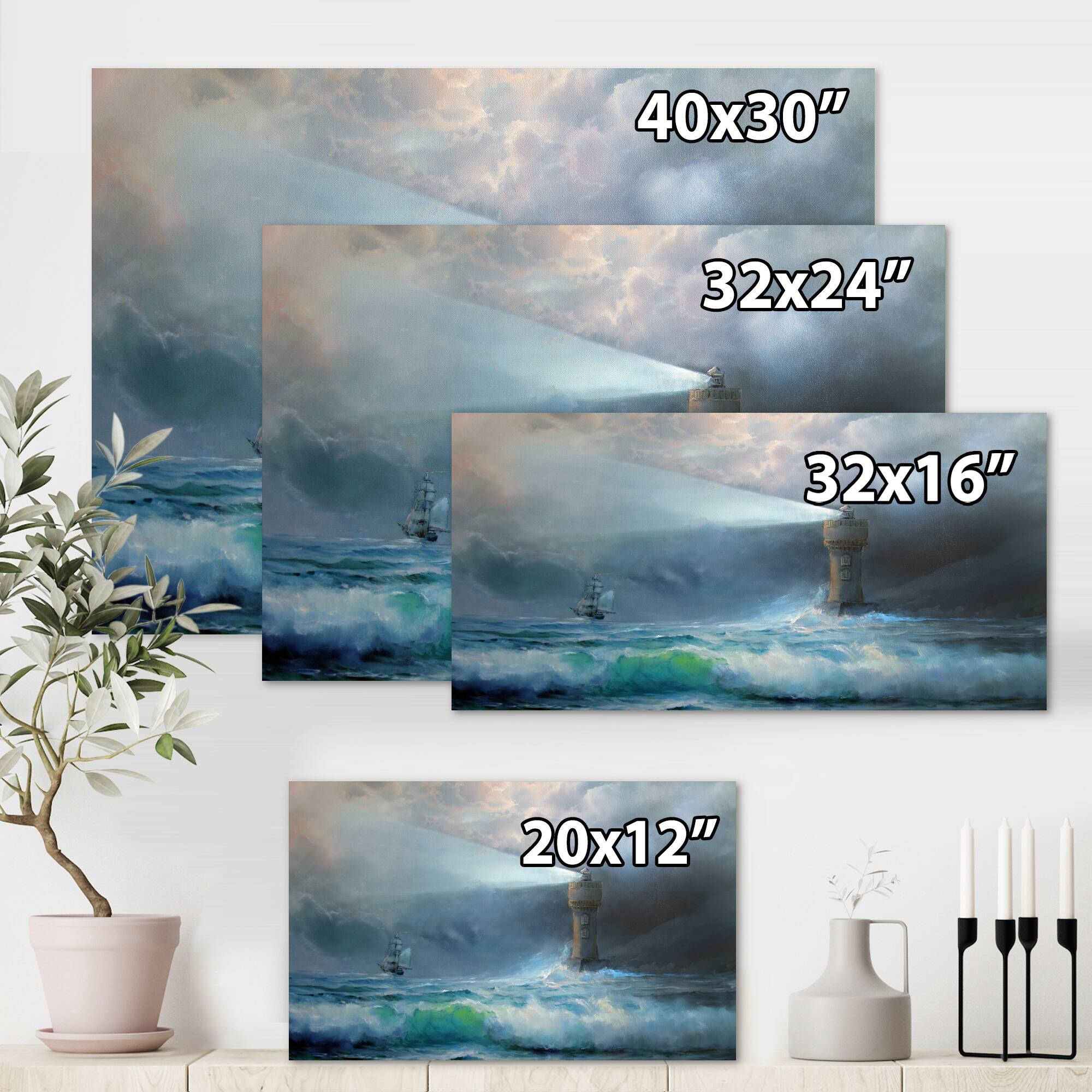 Designart - Lighthouse Shining Light During Stormy Night II - Nautical & Coastal Canvas Wall Art Print