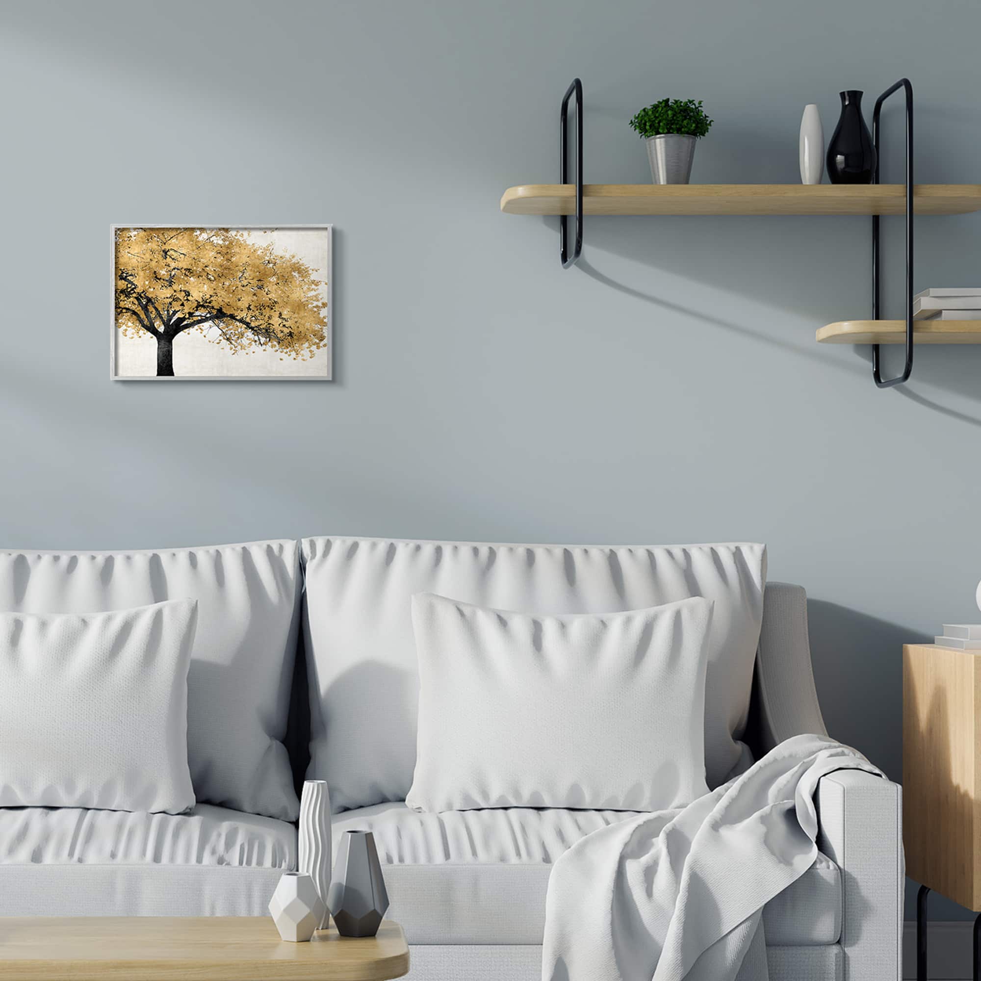 Stupell Industries Traditional Tree with Autumn Leaves over Neutral in Gray Frame Wall Art
