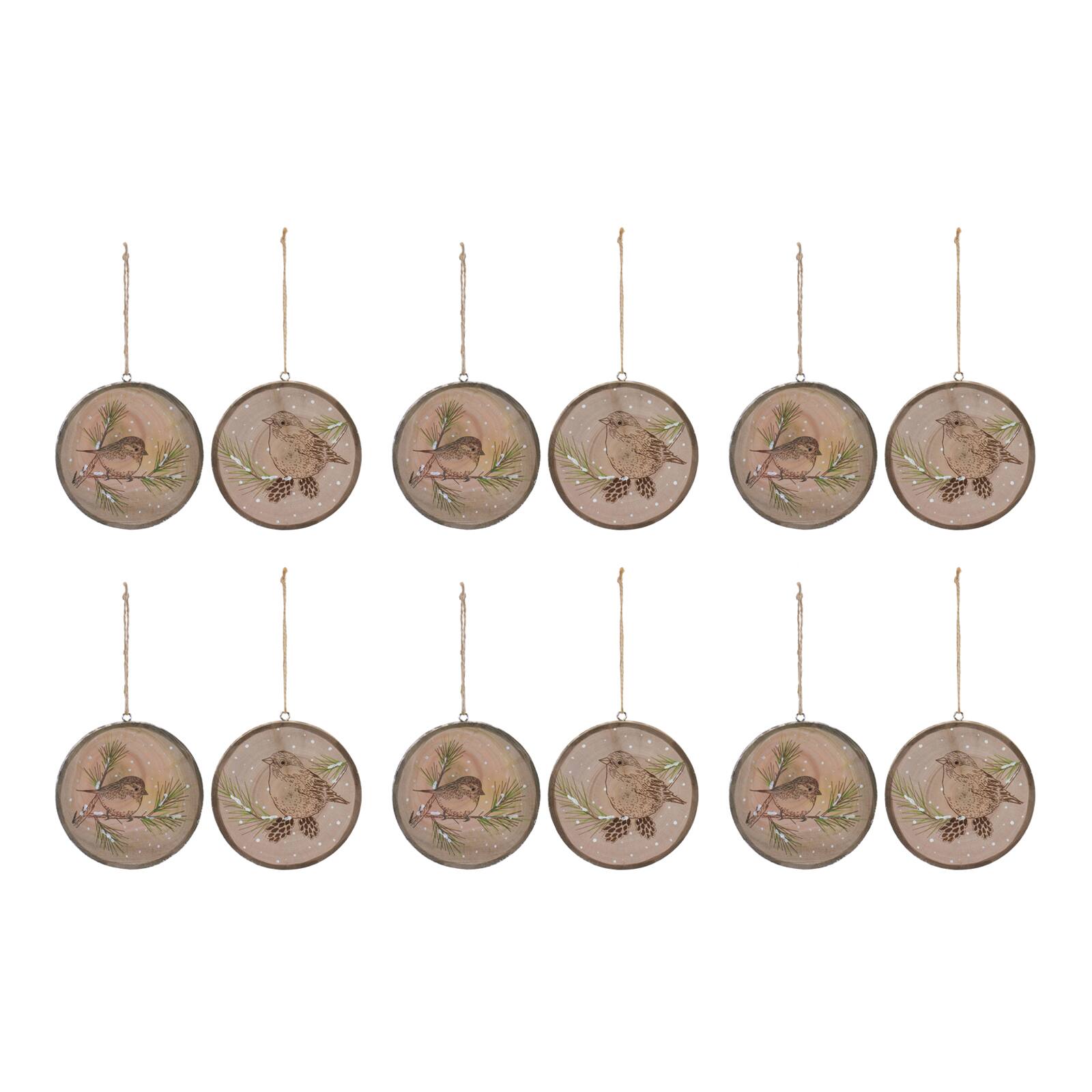 12ct. 4" Wood Bird Tree Disc Ornament Set