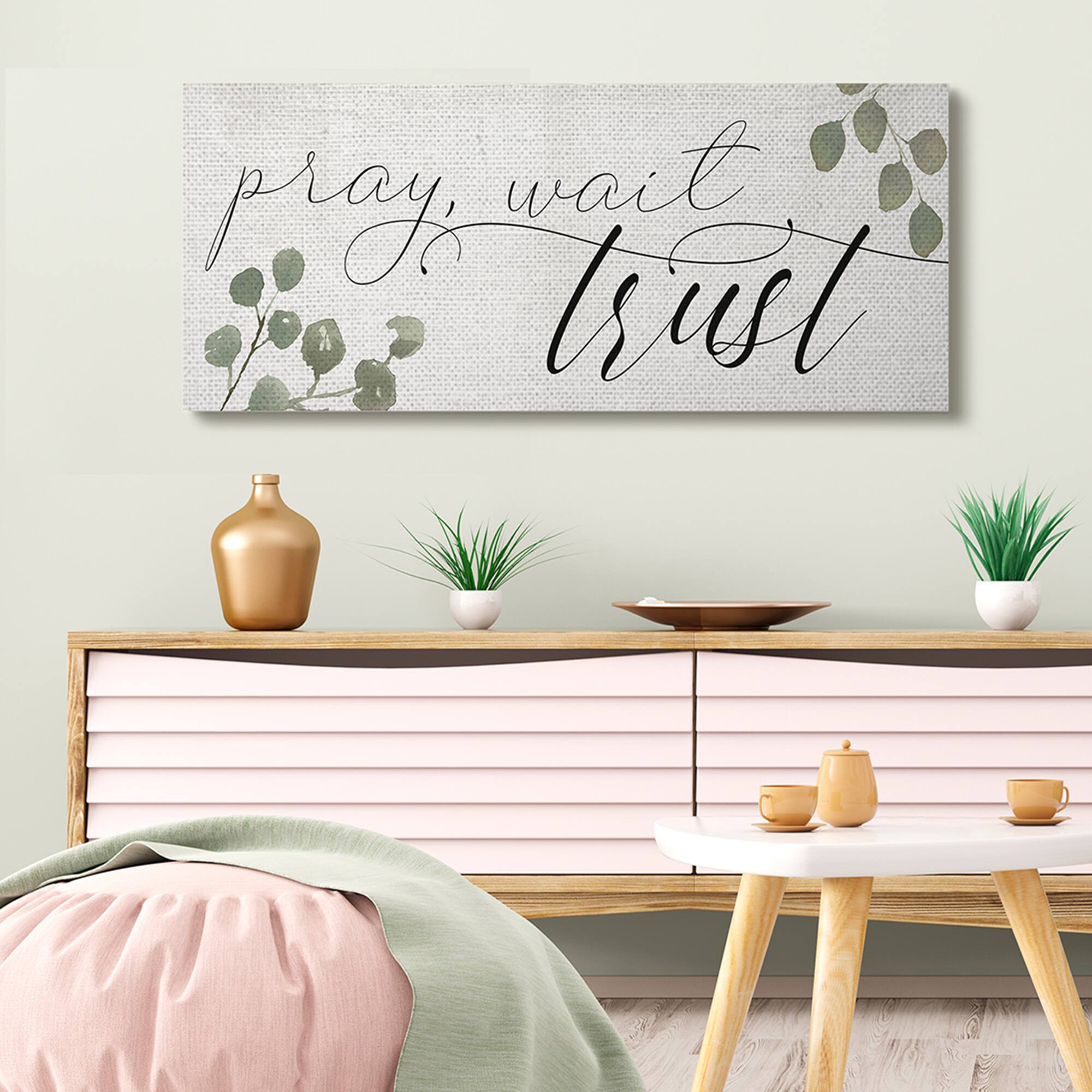 Stupell Industries Pray Wait Trust Phrase Peaceful Eucalyptus Branches Canvas Wall Art