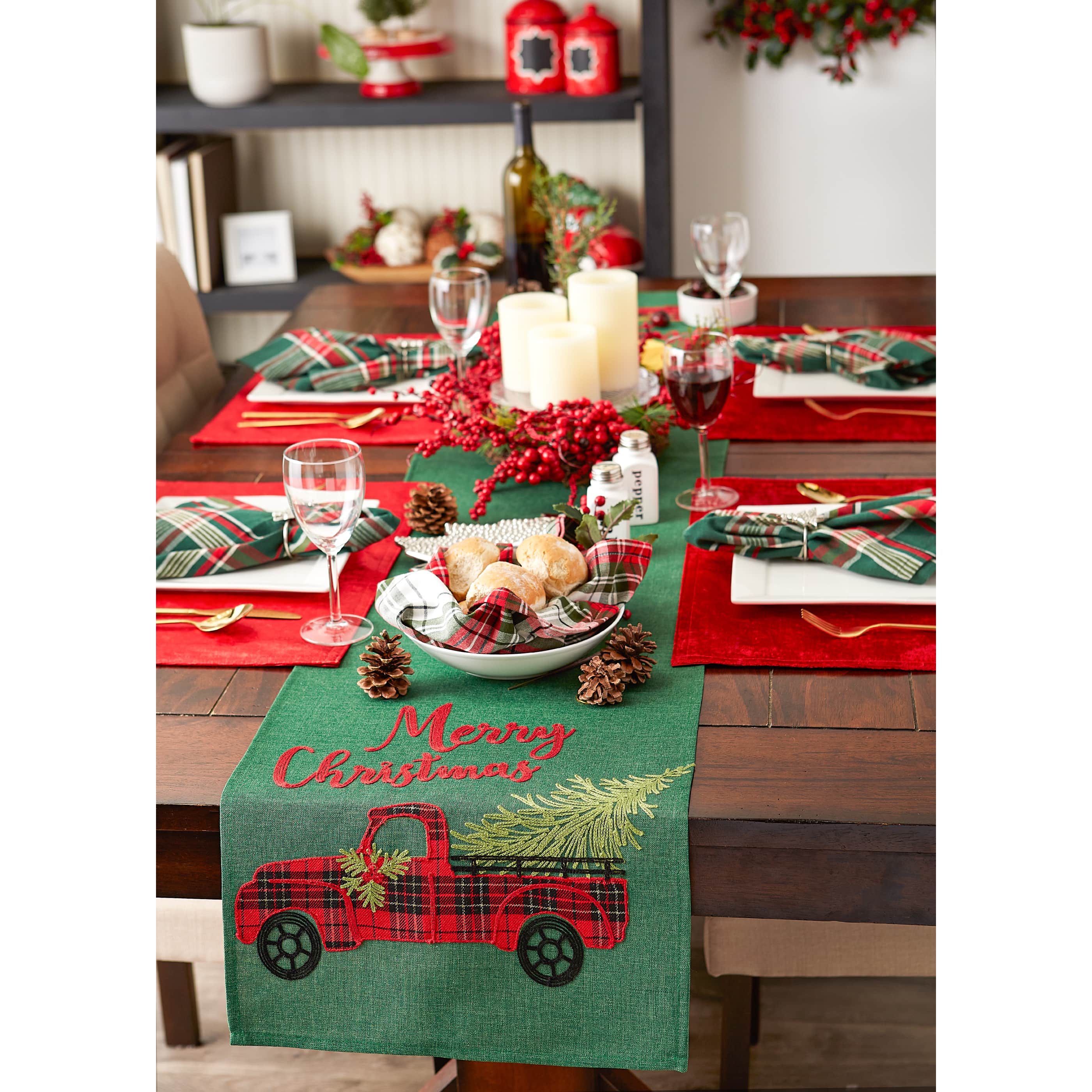 DII® 70" Green Merry Christmas Truck Embroidered Table Runner