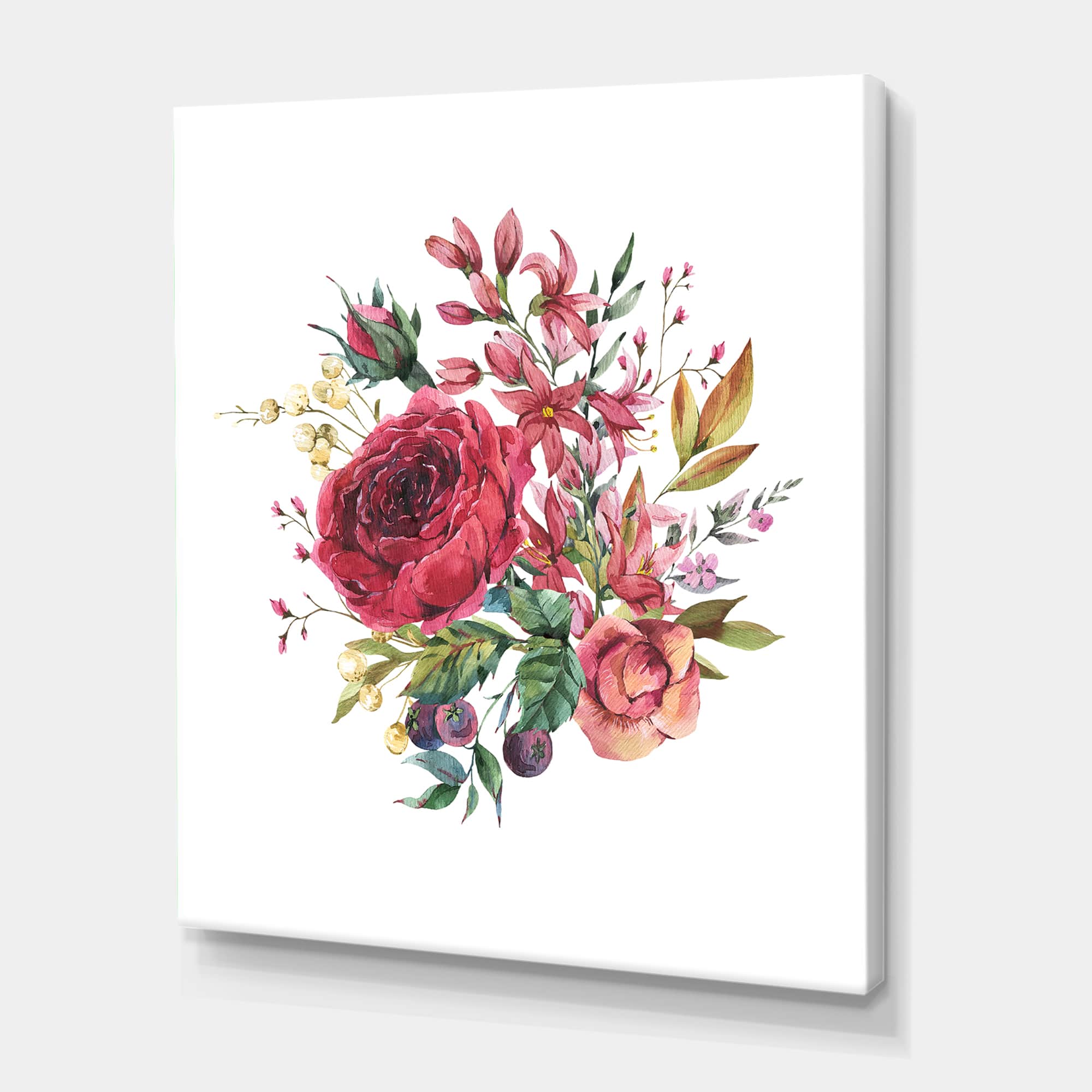 Designart - Vintage Burgundy Rose and Wildflowers - Farmhouse Canvas Wall Art Print