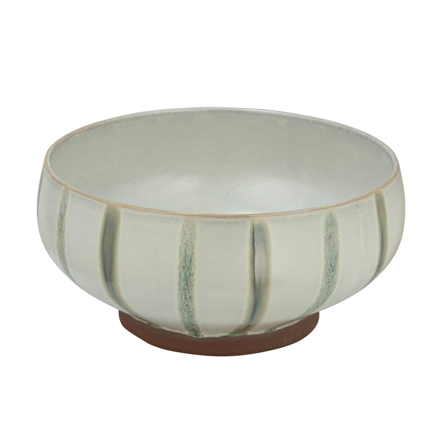 Hello Honey® 10" Cream & Green Reactive Glaze Stripes Hand-Painted Stoneware Bowl