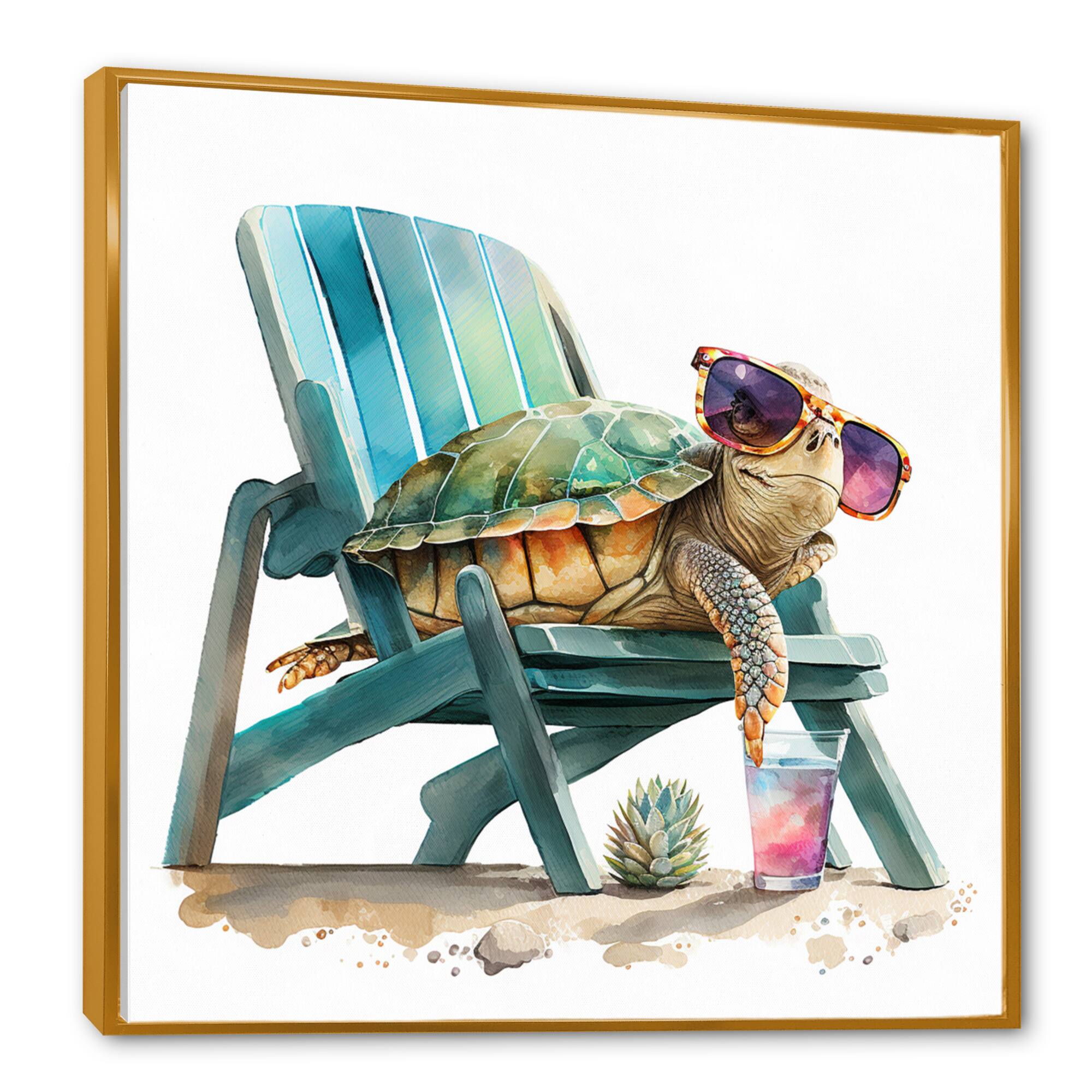 Designart 'Turtle Laying On A Beach Chair With Sunglasses I' Animals Framed Canvas Wall Art