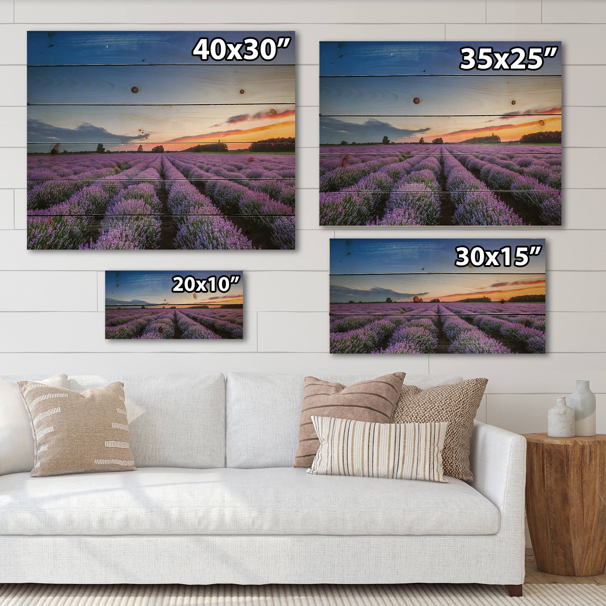Designart - Sunrise & Dramatic Clouds Over Lavender Field I - Farmhouse Print on Natural Pine Wood