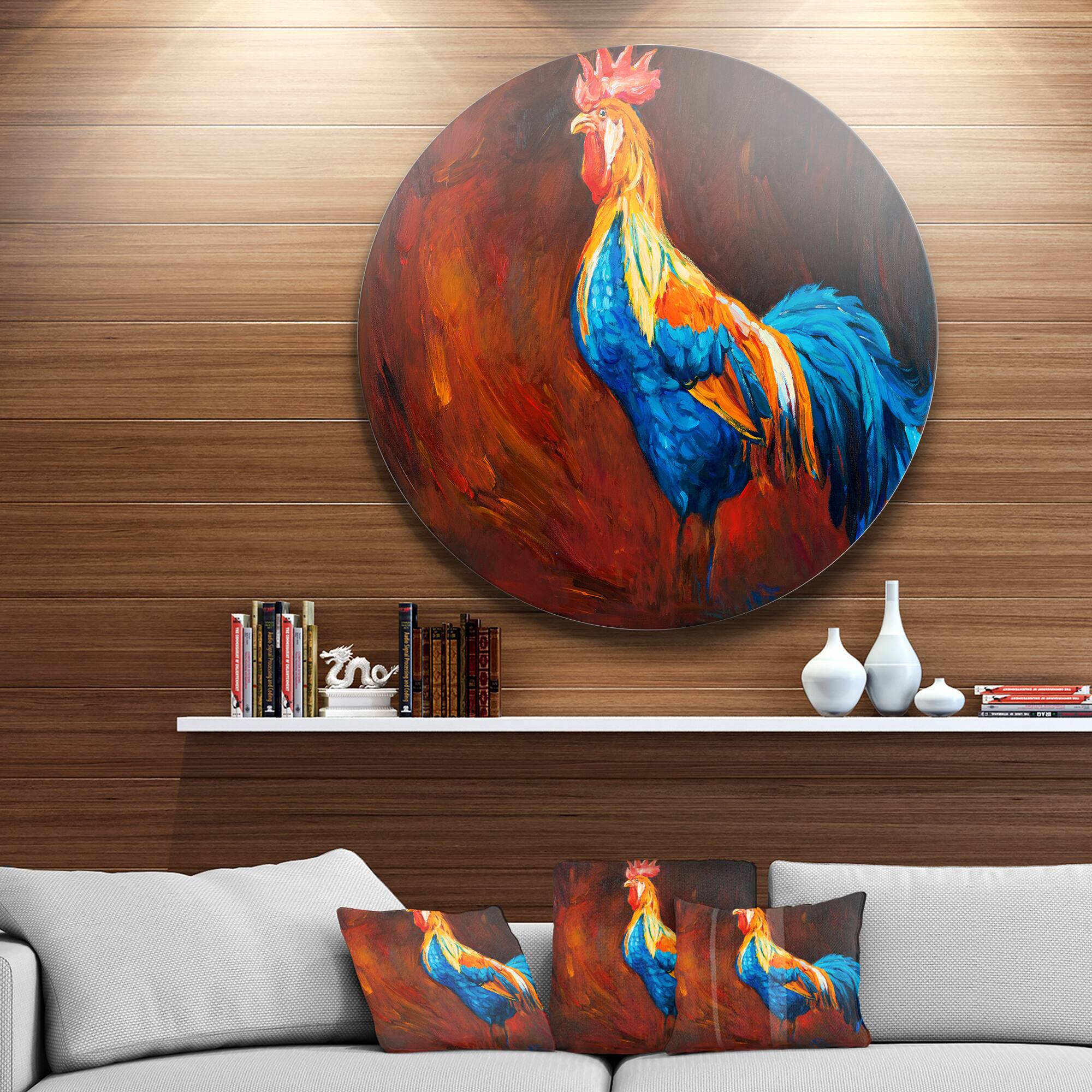 Designart - Blue and Orange Rooster' Disc Animal Circle Metal Wall Art