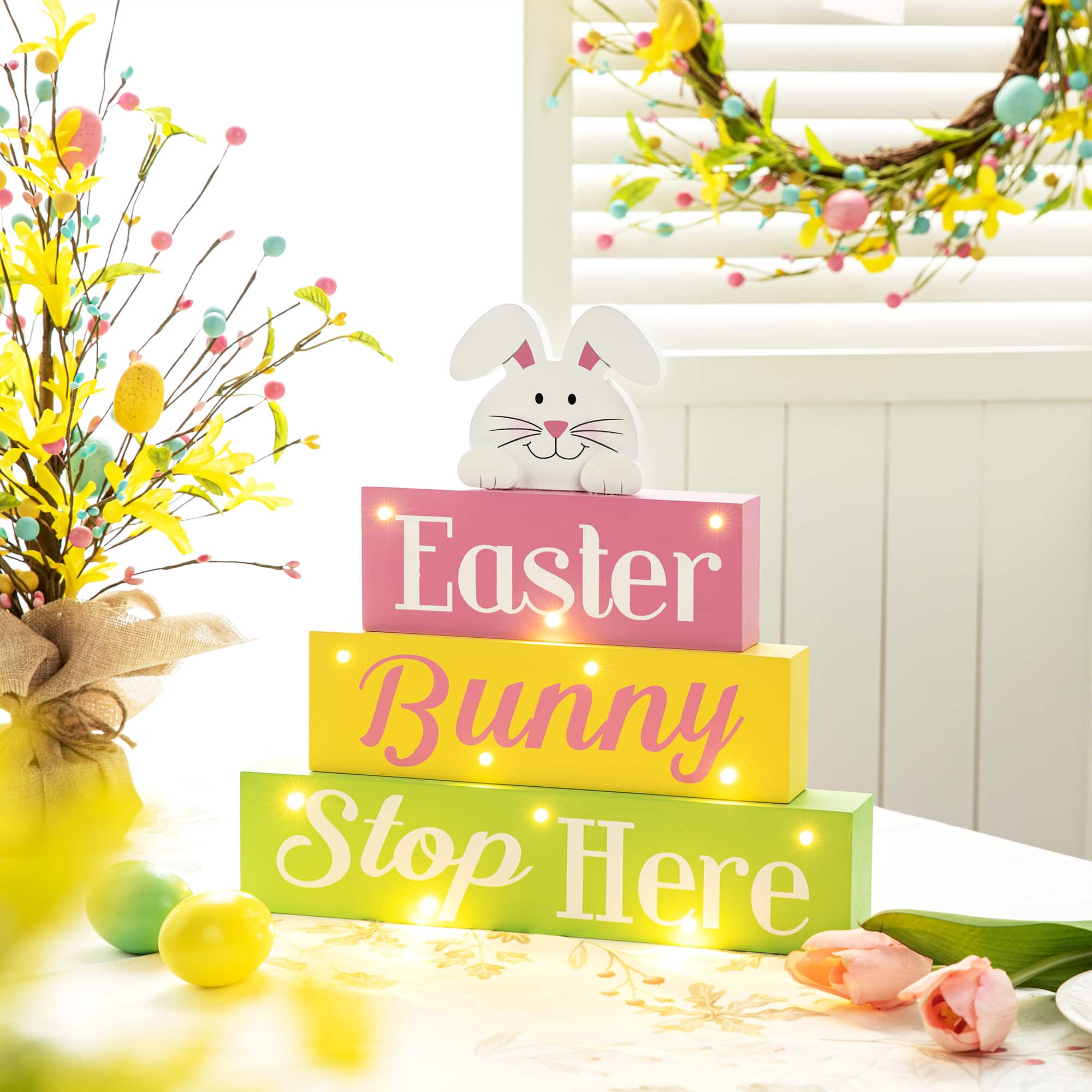 Glitzhome® 12" Easter LED Lighted Wooden Bunny Block Word Sign