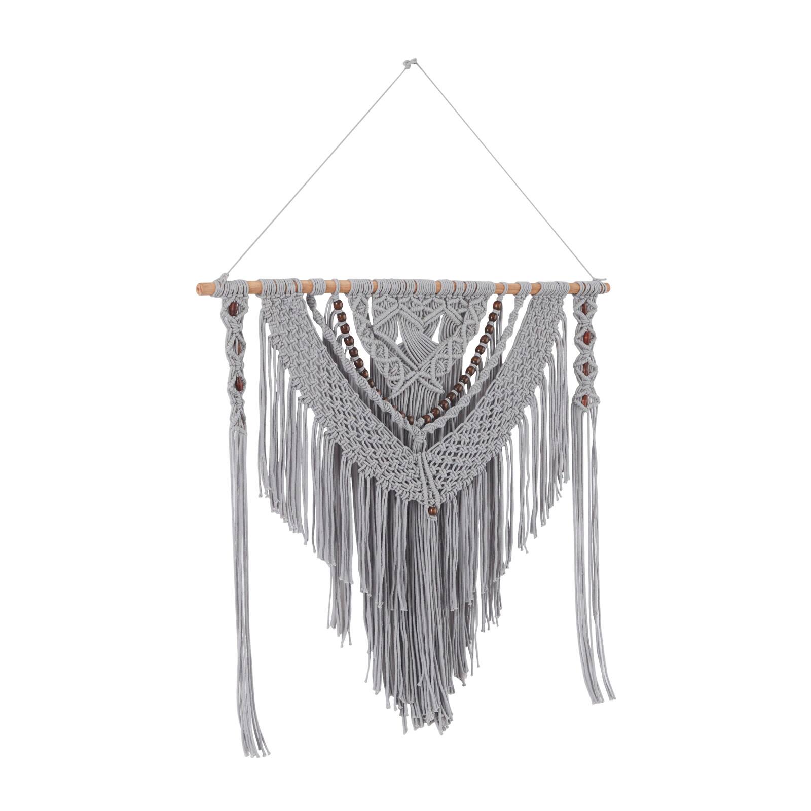 Gray Cotton Handmade Intricately Weaved Macrame Wall Decor with Beaded Fringe Tassels 36" x 1" x 46"
