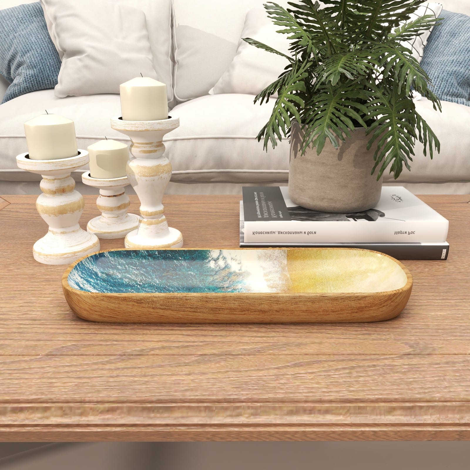 16.25" Brown Mango Wood Handmade Ocean inspired Decorative Tray