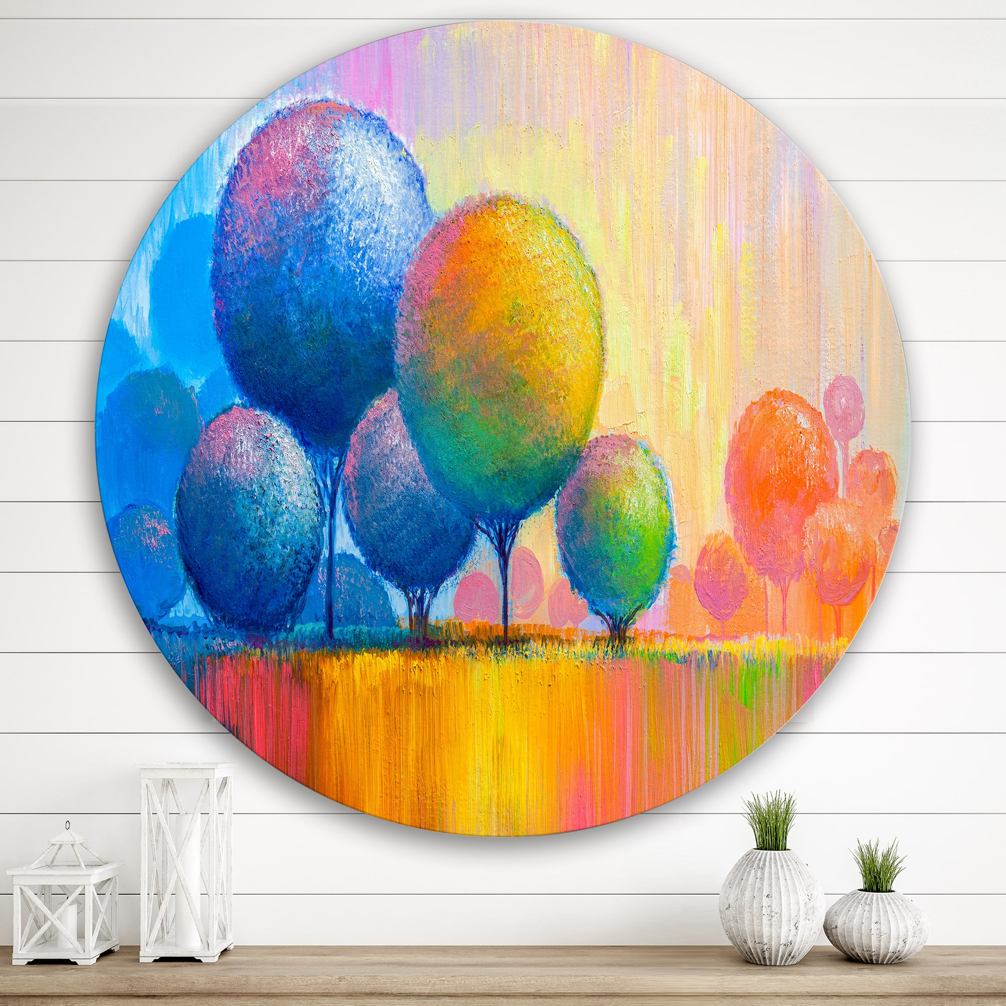 Designart - Colourful Ornamental Trees VII - Modern Metal Circle Wall Art