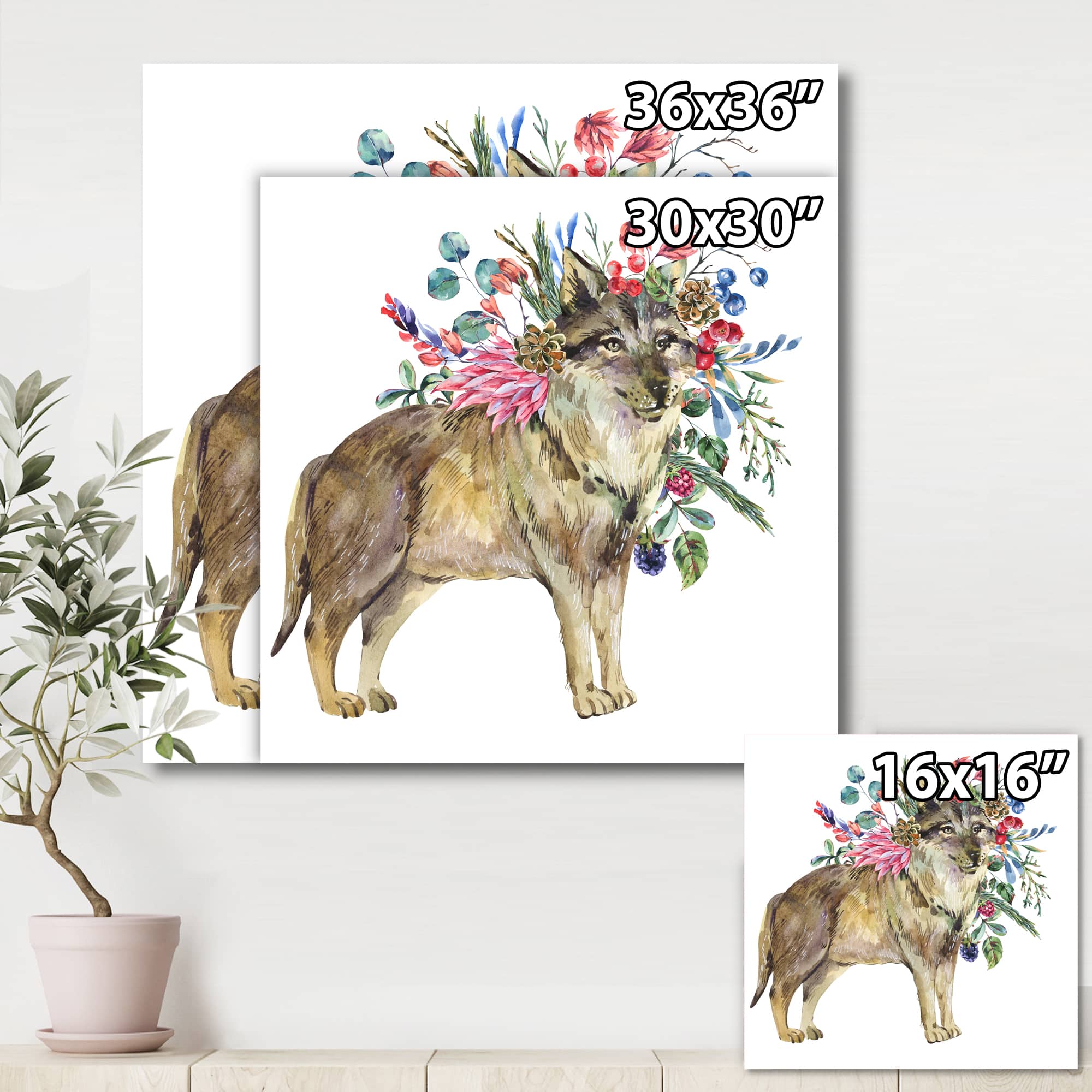 Designart - Wolf With Woodland Flowers - Farmhouse Canvas Wall Art Print