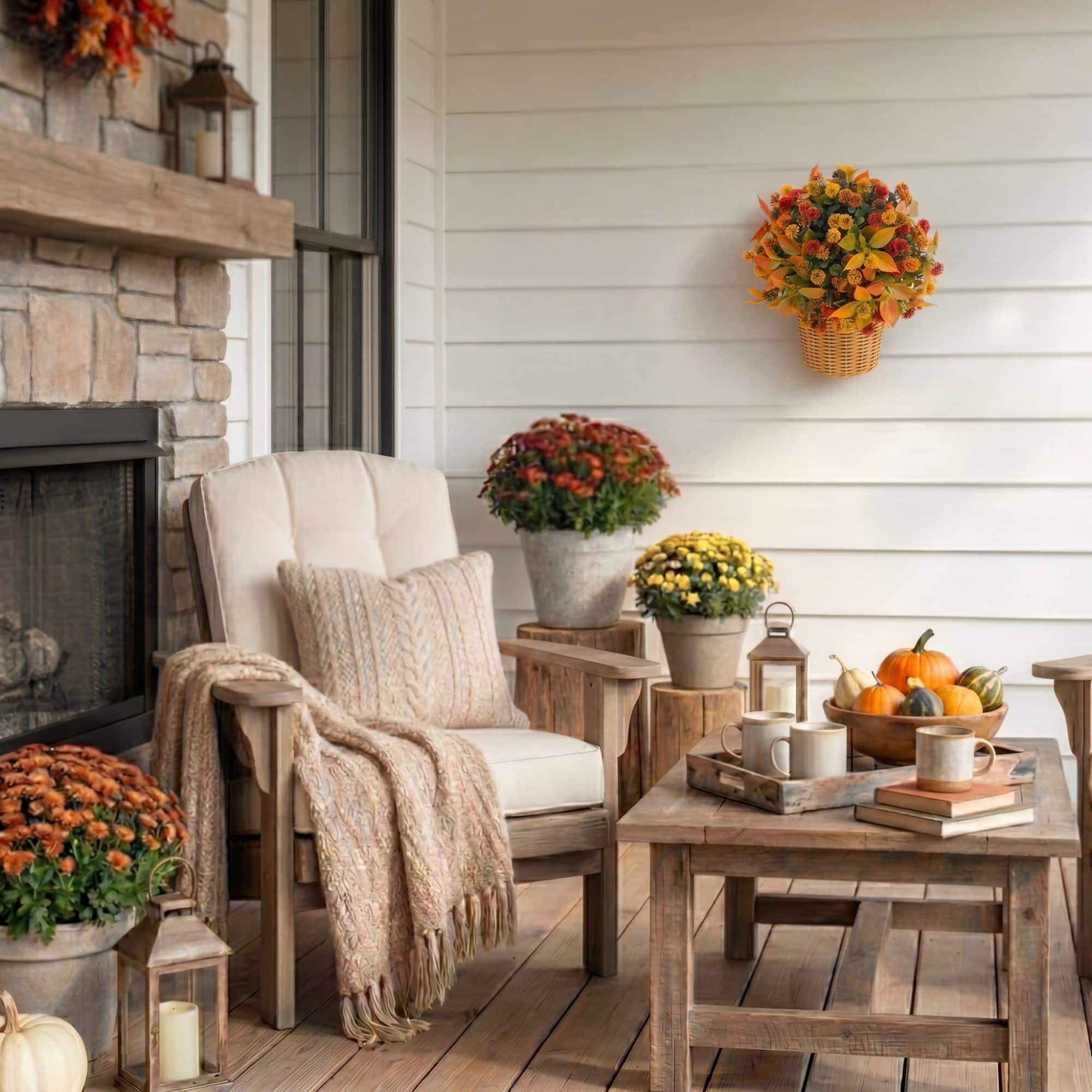 14" UV Resistant Autumn Artificial Mixed Fall Mum in Wicker Basket