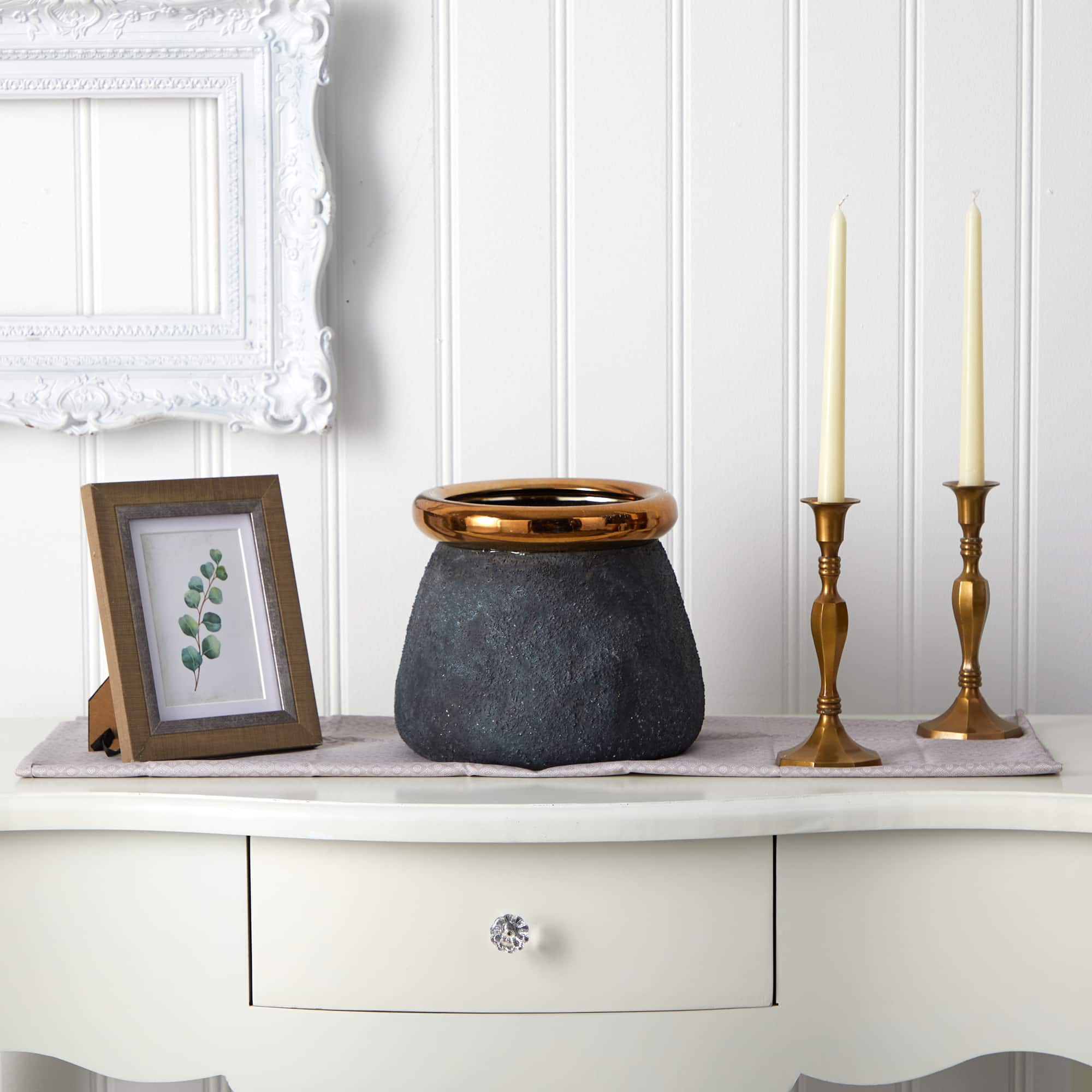 8" Stone Planter with Bronze Rim