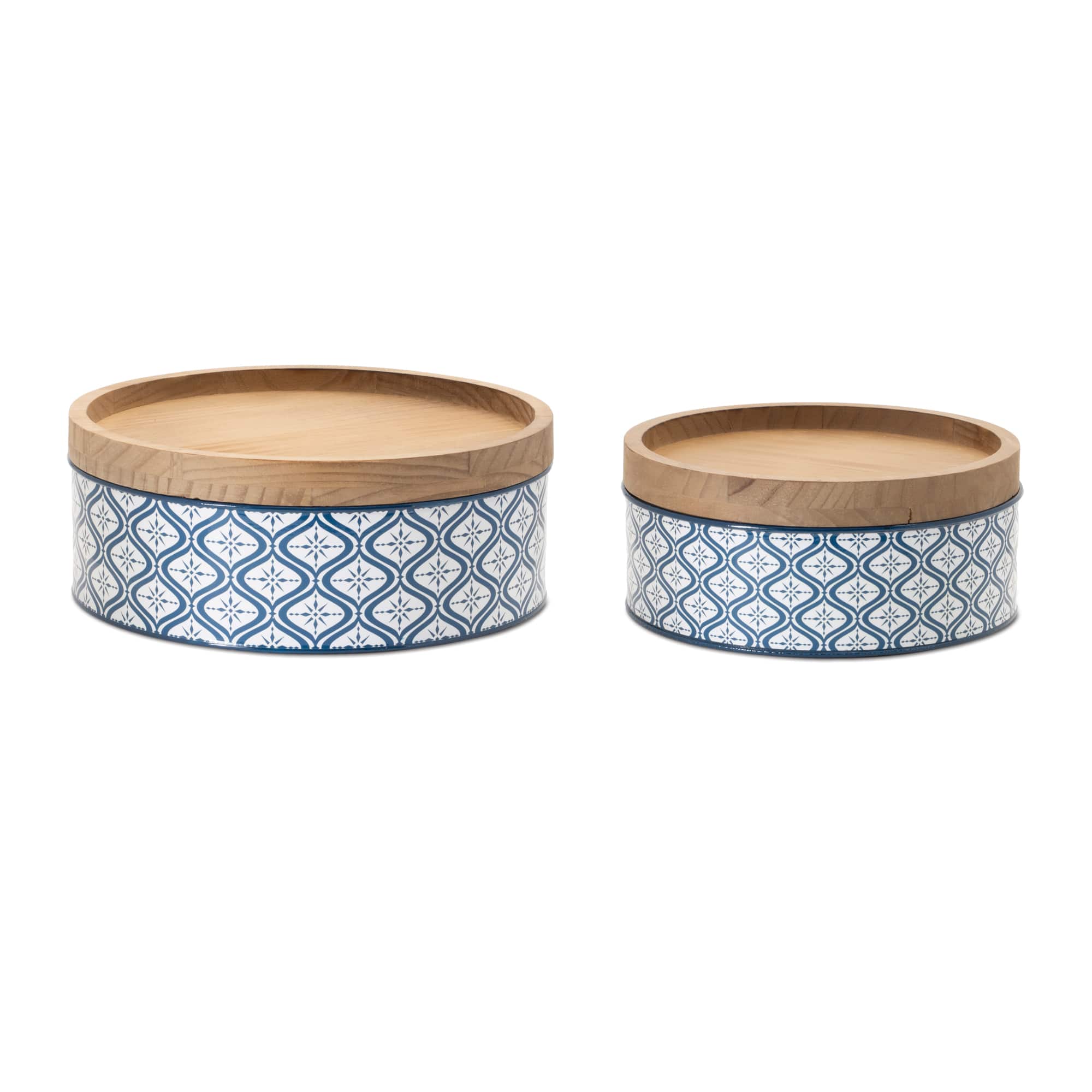 Metal Patterned Canister with Natural Wood Lids Set