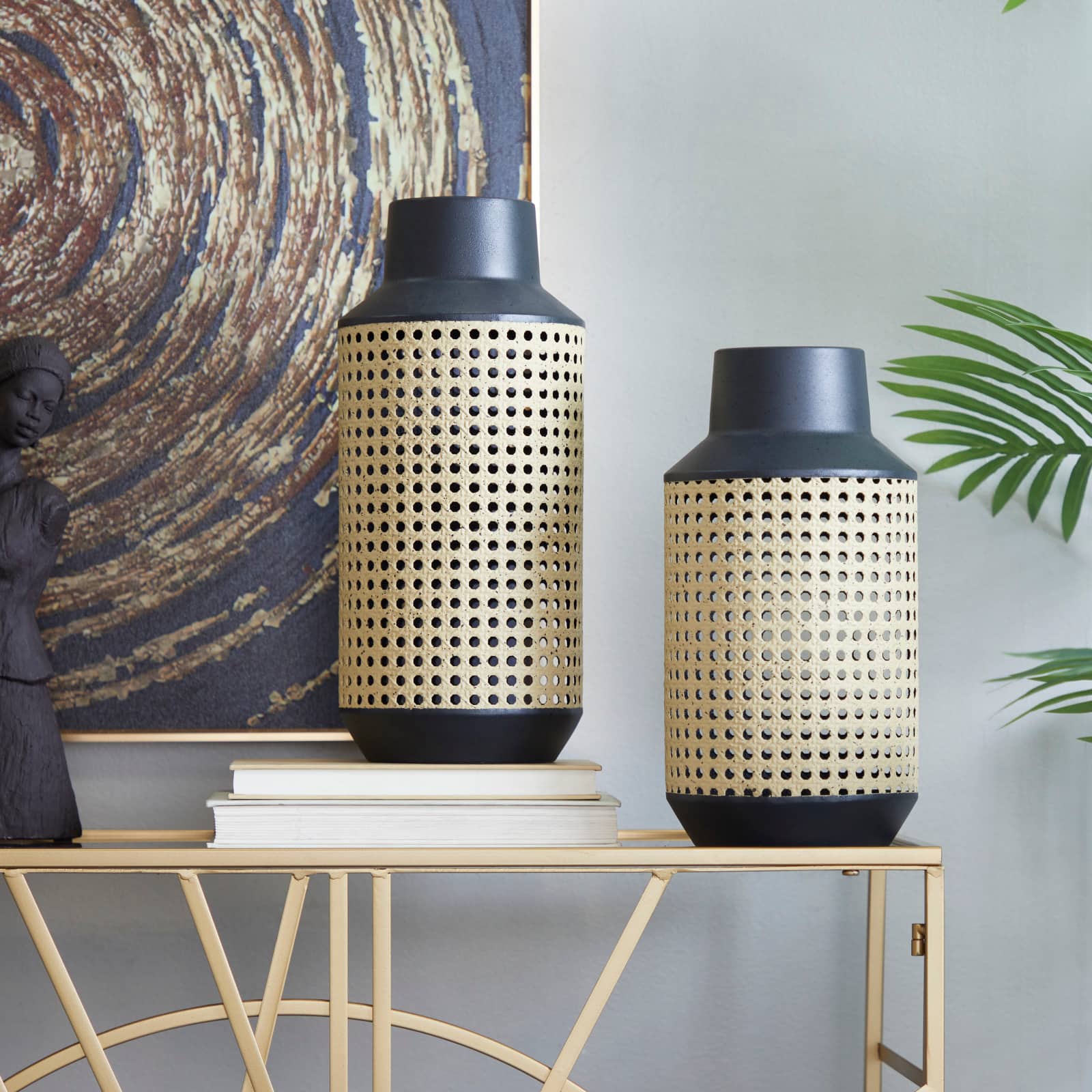 Brown Metal Open Weaved Inspired Vase Set of 2 14", 12"
