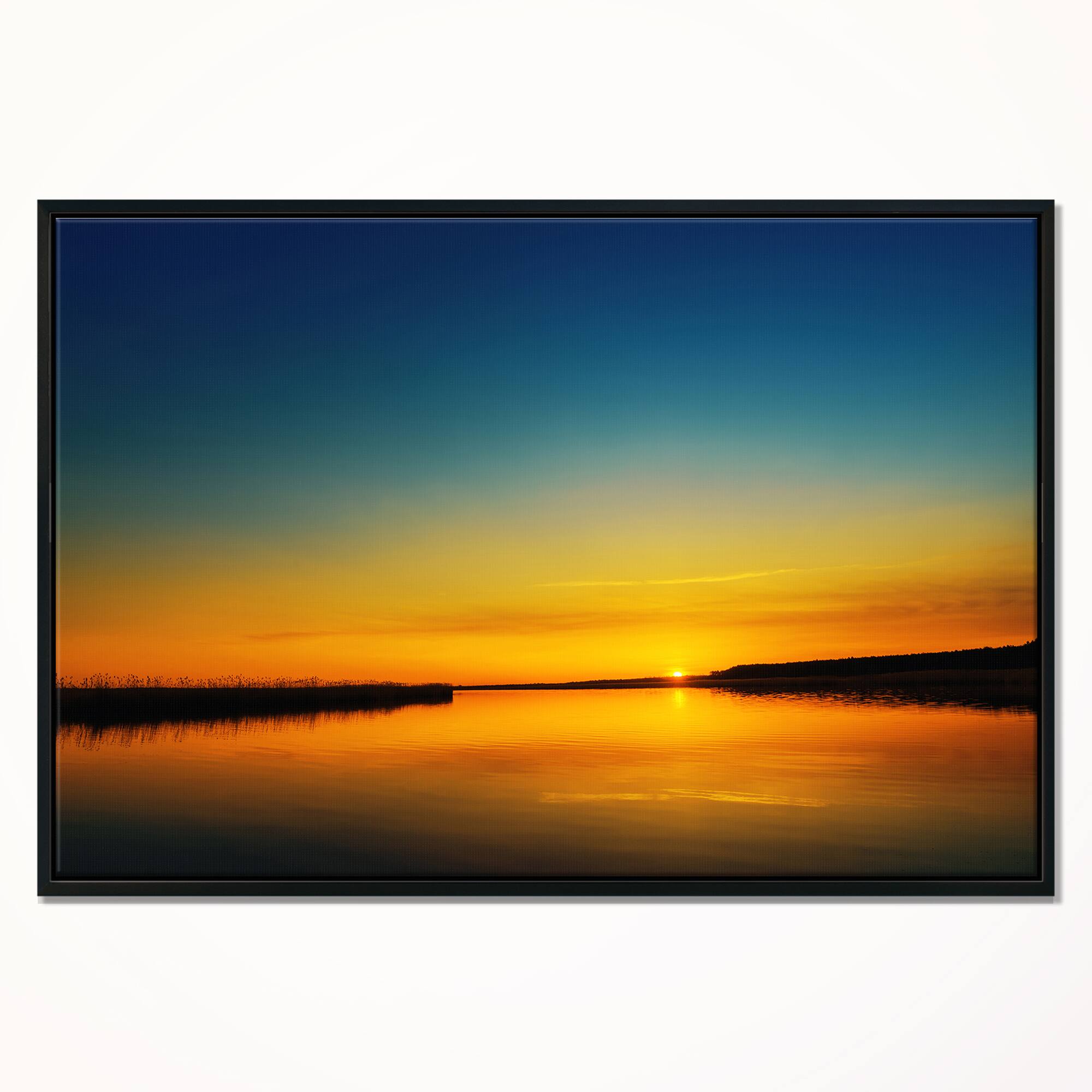 Designart - Orange Sunset Over River - Skyline Photography Canvas Art in Black Frame