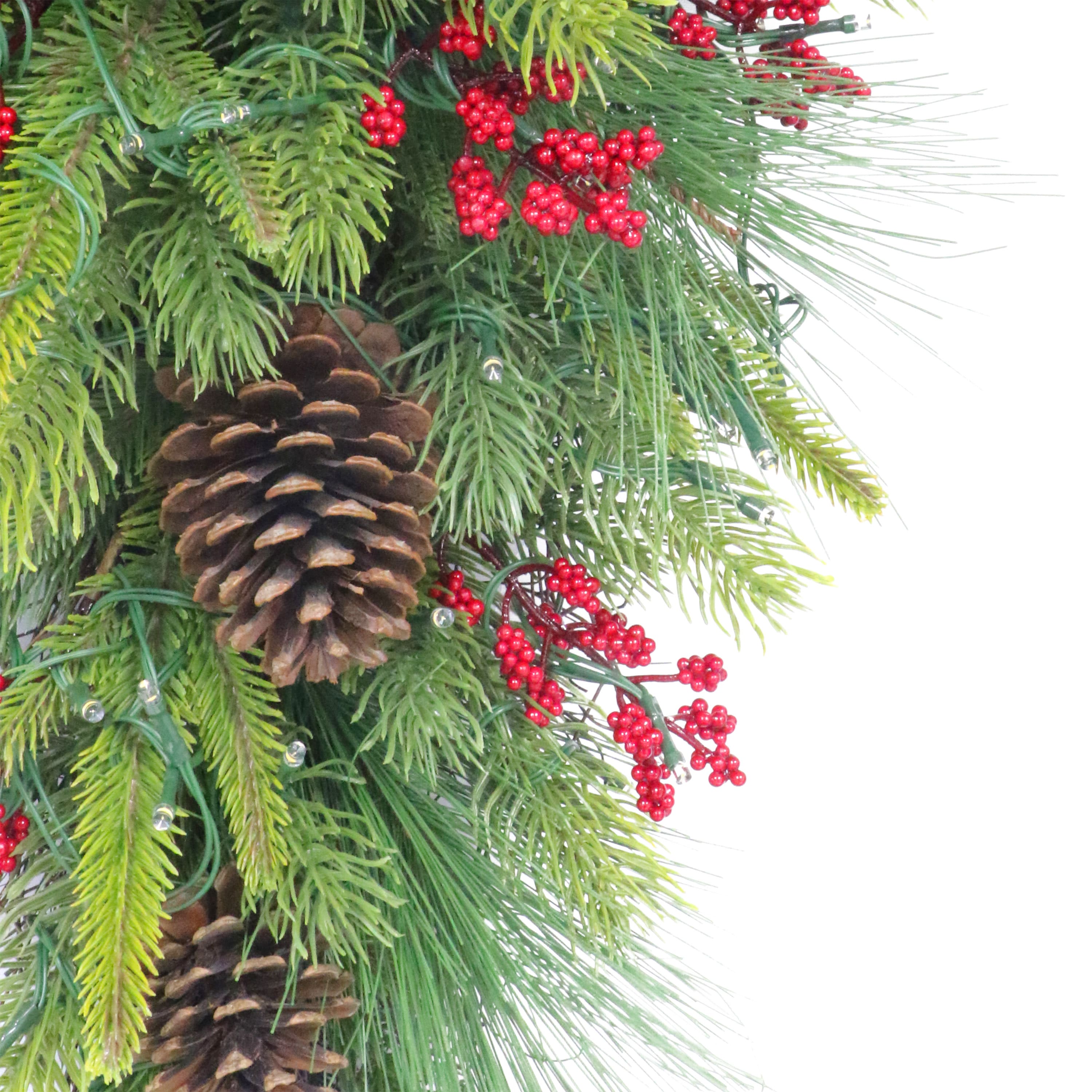 28" Pre-Lit Green Pinecones & Berries Adorned Artificial Banister Swag