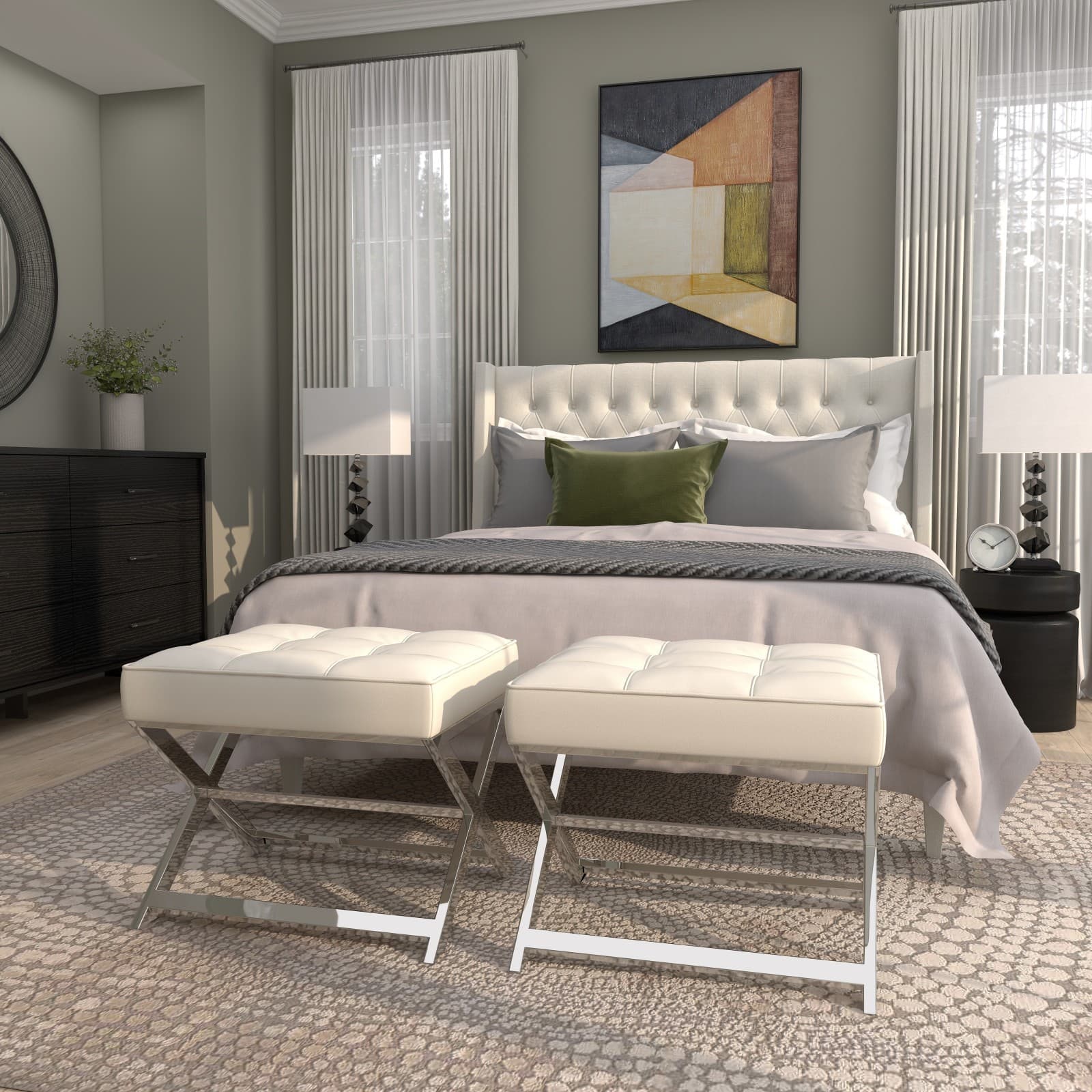 19" Leather Stool with Stainless Steel Supports