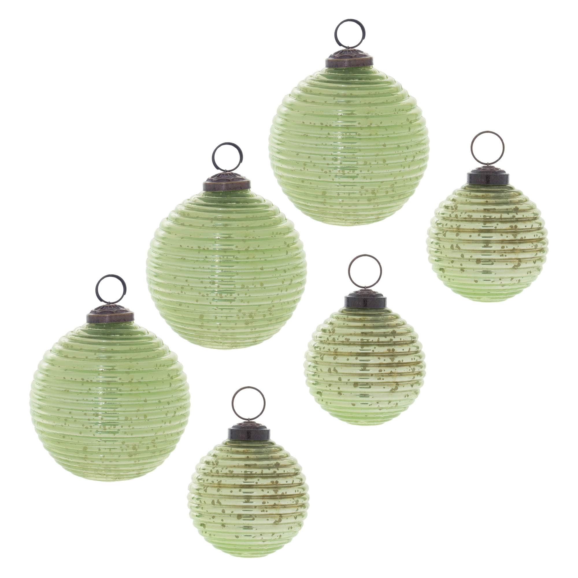 Green Ribbed Mercury Glass Ball Christmas Ornaments Set