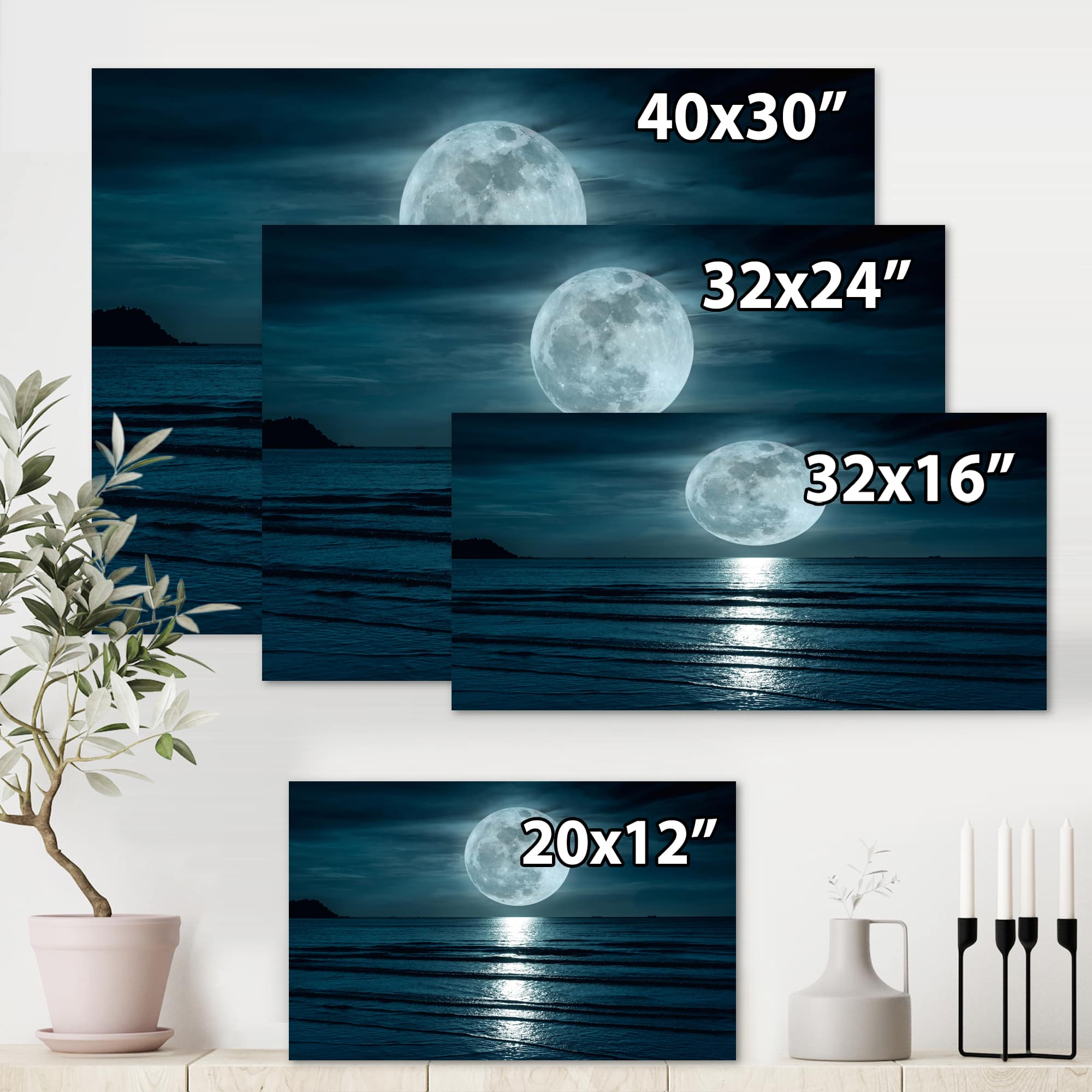 Designart - Super Moon Over The Sea I - Modern Canvas Wall Art Print