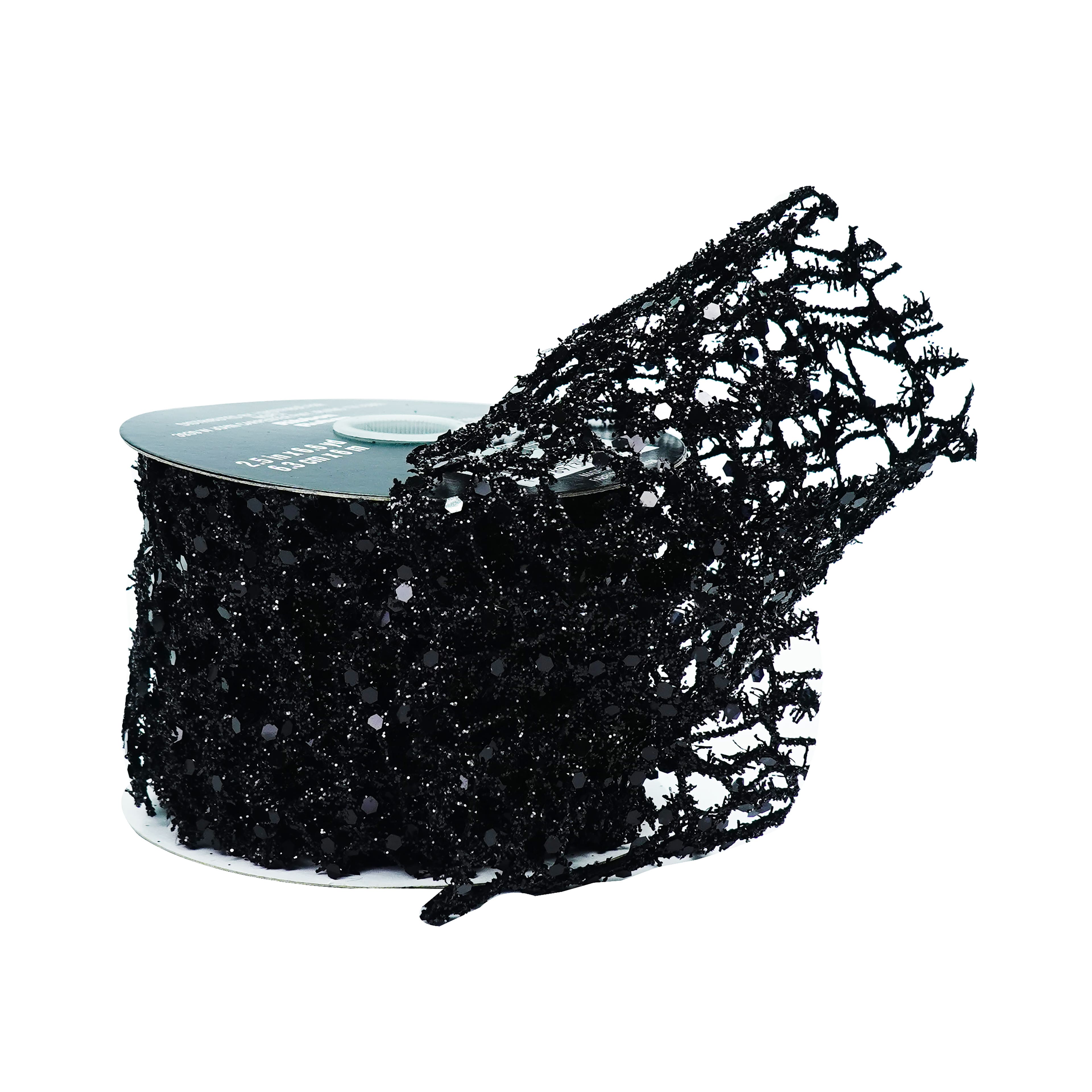 Michaels, 2.5" x 6.6yd. Chunky Black Glitter Web Ribbon by Celebrate It® – Category: Halloween Ribbon