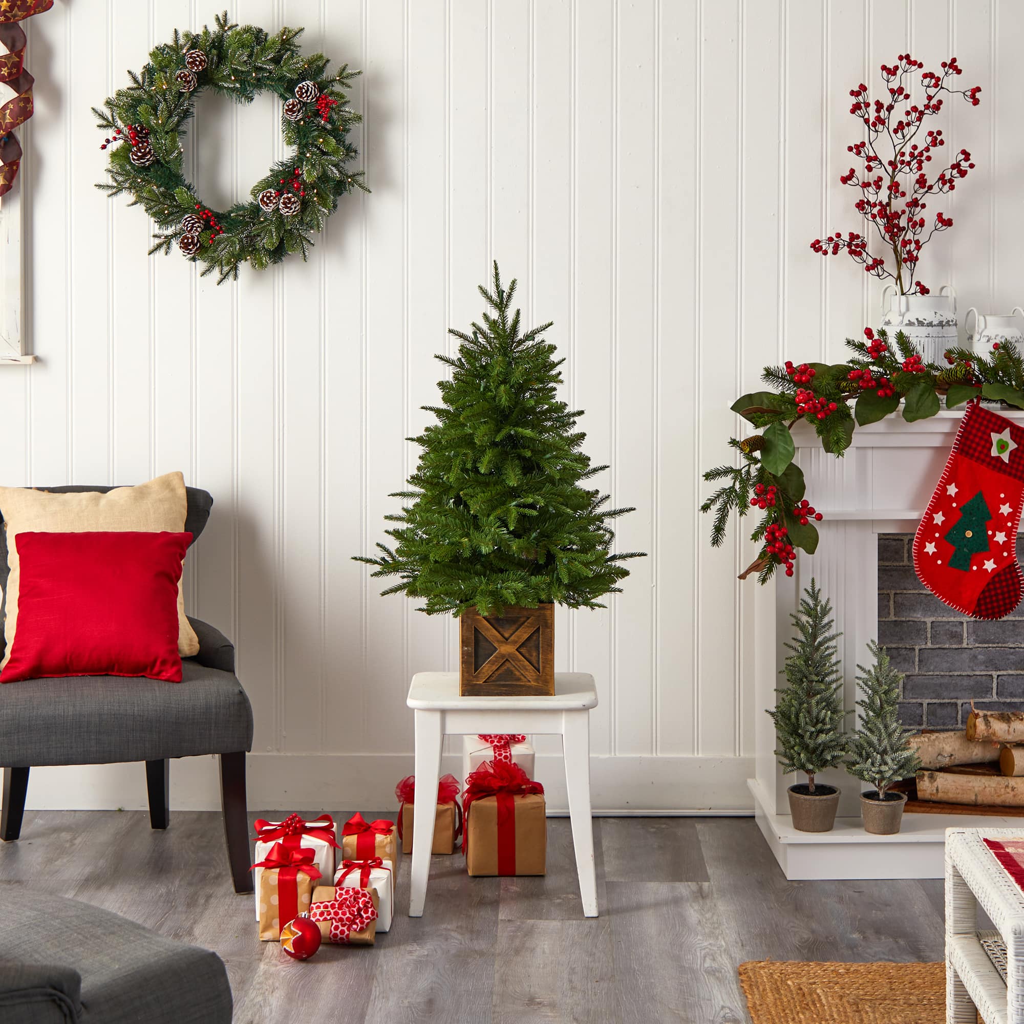 3ft. Pre-Lit Finland Fir Artificial Christmas Tree in Decorative Planter, Warm White Lights