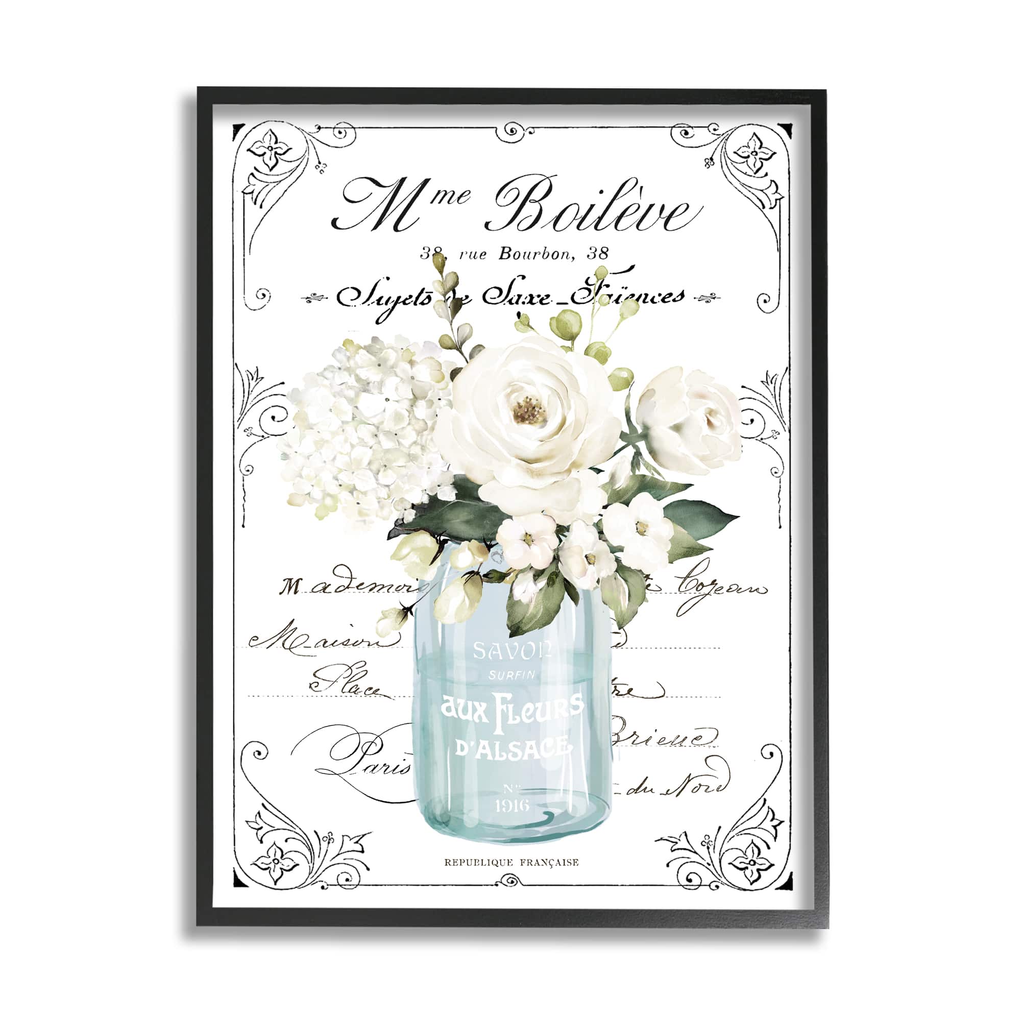 Stupell Industries Vintage Parisian Floral Bouquet White Farmhouse Flowers Framed Wall Art