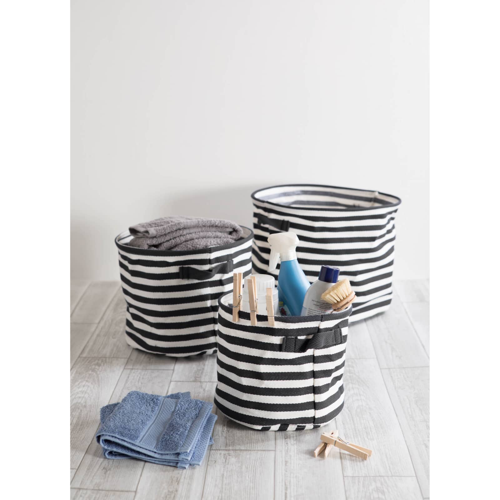 DII® Round Stripes PE-Coated Herringbone Woven Cotton Laundry Bin Set