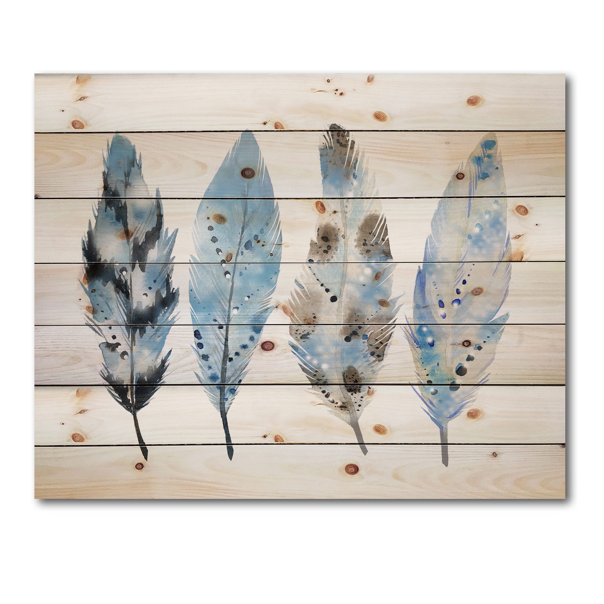 Designart - Blue Boho Feathers I - Bohemian & Eclectic Print on Natural Pine Wood