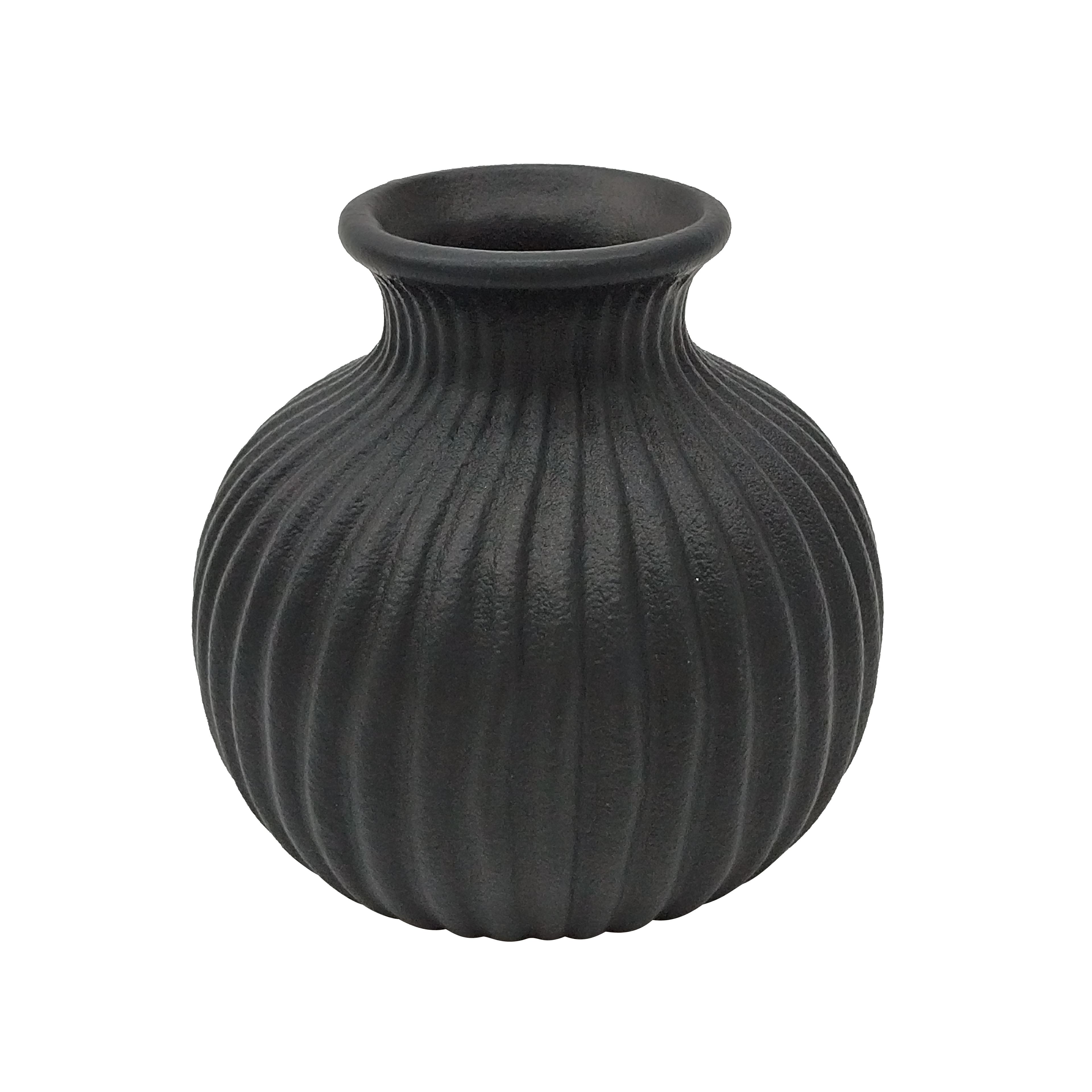 Black Ribbed Round Ceramic Vase by Ashland®
