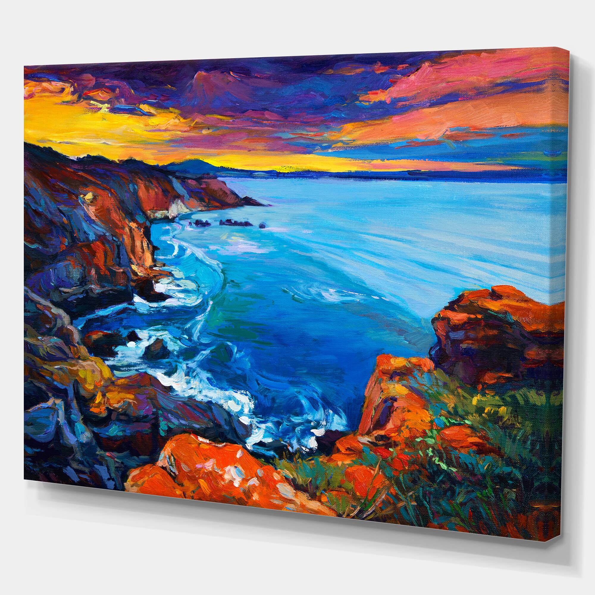 Designart - Rich Golden Sunset Over Ocean and Cliffs