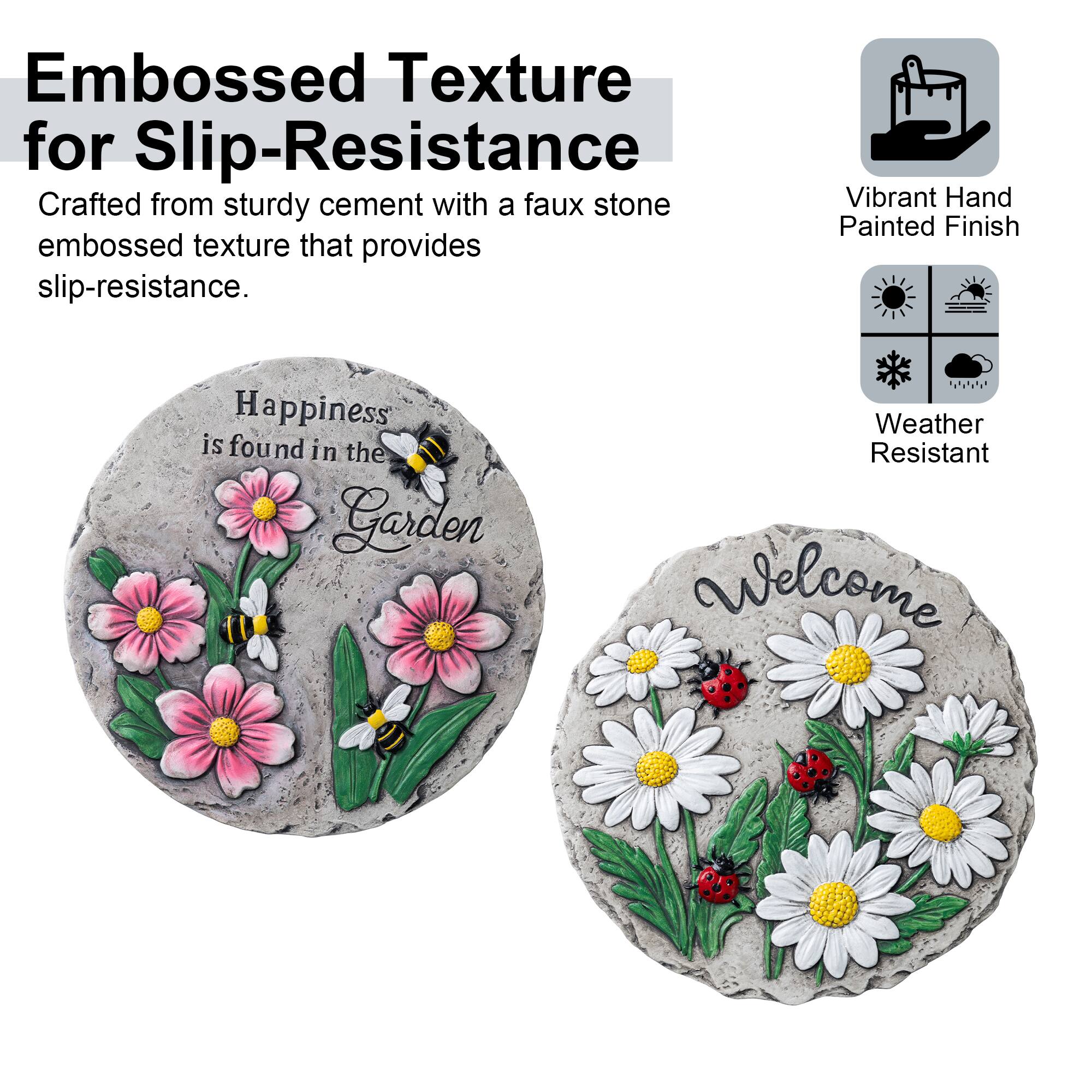 Glitzhome® 10" Set of 2 Cement Ladybug and Bee Flower Textured Stepping Stones