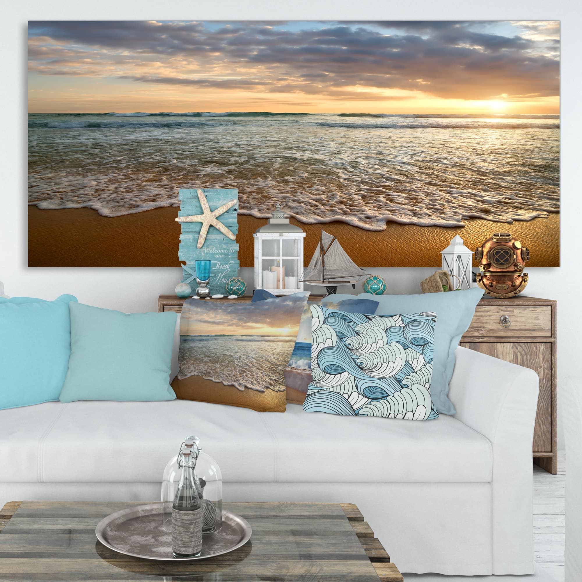 Designart - Bright Cloudy Sunset in Calm Ocean - Seashore Canvas Art Print